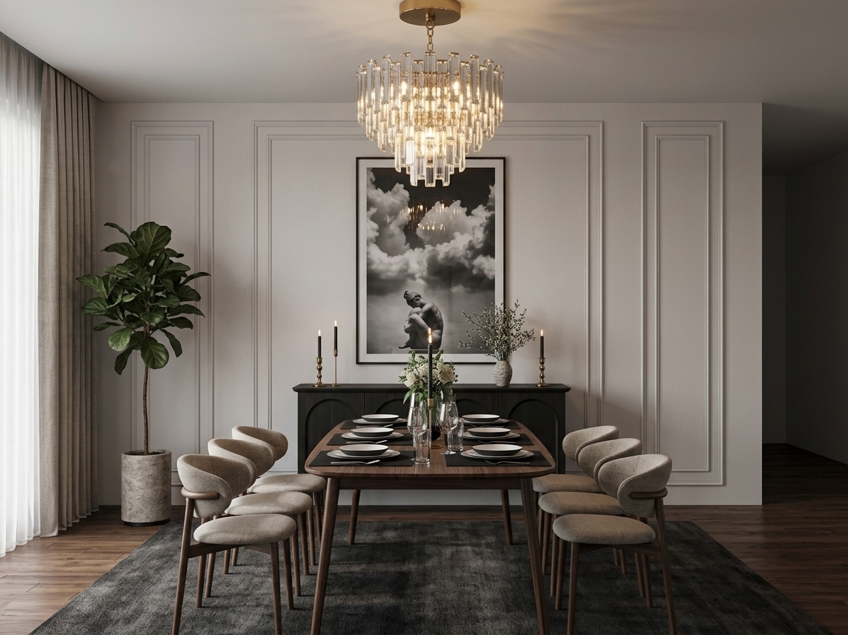 An incredibly lifelike, richly detailed, photorealistic eye-level interior shot of a sophisticated modern fusion dining room set in an upscale urban residence. The scene is illuminated by warm, crystalline highlights cascading from a striking multi-tiered glass-and-brass chandelier paired with soft, diffuse daylight filtering through layered drapes, creating an elegant, intimate, and moody atmosphere. Captured with a 35mm architectural lens at f/4, emphasizing refined textures, rich dark walnut wood grains, and crisp architectural lines. 

At the center, a dark walnut dining table is meticulously set with matte black placemats, fine white porcelain plates, and polished glassware, flanked symmetrically by sculptural, curved dining chairs upholstered in neutral textured fabric. The back wall features classic recessed picture-frame moulding framing a dramatic, large-scale black-and-white photograph that anchors the space above a dark arched credenza styled with slender black taper candles, a textured vase with delicate botanicals, and a fresh floral centerpiece. Grounded by a plush charcoal area rug, the composition is enriched on the left by lush, slender greenery in a textured stone planter and flowing floor-to-ceiling curtains, achieving a seamless balance of bold modern luxury and timeless architectural poise.