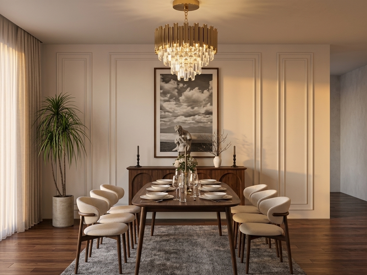An incredibly lifelike, richly detailed, photorealistic straight-on interior shot of a refined dining room set in a luxurious contemporary residence. The scene is illuminated by the soft golden glow of a low sunset filtering through sheer drapery, complemented by the sparkling, warm radiance of a dramatic tiered crystal and brass chandelier, creating a balanced, sophisticated, and intimate atmosphere. Captured with an eye-level architectural 35mm lens, emphasizing the rich contrast between warm white wainscoted walls, tailored pearl-toned upholstery, and rich dark walnut wood finishes. At the center, a clean-lined dining table is formally arranged with fine porcelain, crystal stemware, and slim metal accents, anchored over a plush gray area rug. Behind the table, a dark wood credenza features slender matte-black candlesticks and minimalist botanical accents beneath a large-scale, framed black-and-white photographic art piece, while a slender potted palm brings an airy, organic freshness to this elegantly curated dining sanctuary.