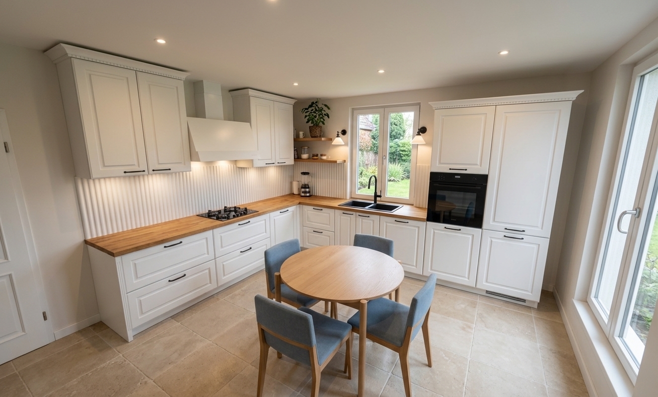 An incredibly lifelike, richly detailed, photorealistic wide-angle interior shot of a Scandinavian-inspired kitchen and dining space set in a sunlit modern residence. The scene is illuminated by gentle, diffused daylight pouring through the large garden-facing window, complemented by warm recessed ceiling spotlights and soft under-cabinet task lighting, creating an inviting and tranquil atmosphere. Captured with a 24mm architectural lens at eye level, emphasizing the crisp texture of matte white shaker cabinets with delicate contrasting profiles, rich natural oak butcher-block countertops, and a tactile vertically fluted backsplash. In the center, a minimalist round light-oak dining table is paired with four contemporary chairs upholstered in soft muted-blue fabric over large-format beige limestone tiles. Elegant matte black accents—including the modern gooseneck faucet, built-in wall oven, induction cooktop, and subtle hardware—bring sophisticated contrast to this airy, serene culinary sanctuary.