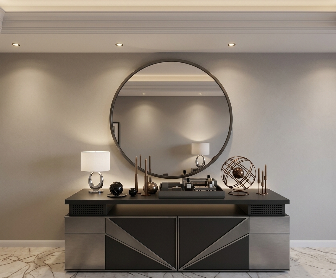 An incredibly lifelike, richly detailed, photorealistic eye-level interior shot of a minimalist gaming haven set in a contemporary luxury apartment. The scene is illuminated by soft, recessed warm ceiling spotlights integrated with subtle, customizable LED backlighting, creating a sleek, focused, and moody atmosphere. Captured with a 35mm f/2.8 prime lens, emphasizing the ultra-matte charcoal and brushed-aluminum textures of a newly streamlined floating media console, the delicate gleam of polished marble flooring, and the crisp ambient glow radiating from a minimized, scaled-down circular mirror mounted centrally on the wall. The redesigned console features clean, handleless geometric cabinets seamlessly accommodating sleek gaming hardware, while minimalist sculptural accessories and soft ambient light elements complete the sophisticated, clutter-free entertainment space.