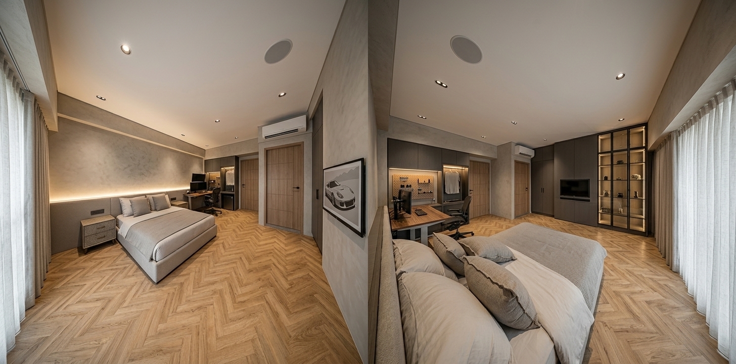 An incredibly lifelike, richly detailed, photorealistic wide-angle interior shot of a contemporary digital-zen master bedroom set in a luxury urban residence. The scene is illuminated by gentle midday ambient light diffused through floor-to-ceiling drapery combined with concealed warm LED cove lighting and sleek recessed ceiling spotlights, creating a calm, high-end, and introspective atmosphere. Captured with a 24mm architectural wide-angle lens, emphasizing the fine textures of herringbone light-oak flooring, micro-cement wall finishes, matte dark-grey cabinetry, and crisp metallic accents. 

Against the feature wall, a low upholstered bed rests below an integrated headboard ledge washed in upward linear glow, creating visual depth beneath the minimalist artistic plaster wall. Along the perimeter, bespoke multi-functional joinery optimizes space: an entryway zone integrates a laundry nook and mini-fridge station alongside an ergonomic motorized standing desk equipped with a dual stacked-monitor workstation and a versatile wooden pegboard organizer. Spanning the opposite wall is a continuous custom wardrobe system featuring full-height smoked-glass display vitrines illuminated from within for collectibles, a double-door closet, and an innovative sliding television panel gliding on precision tracks to seamlessly reveal hidden storage behind it, completing an impeccably organized, sophisticated monochromatic sanctuary.