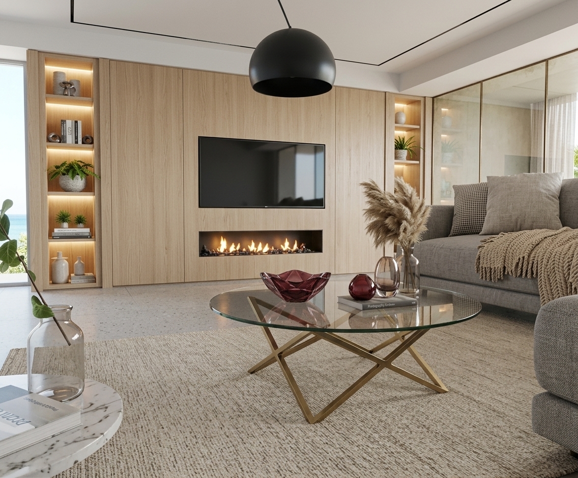 An incredibly lifelike, richly detailed, photorealistic wide-angle interior shot of a modern living and study lounge set in a sun-kissed coastal residence. The scene is illuminated by gentle, diffused daylight and the warm glow of integrated LED shelf lighting and an ambient linear fireplace, creating an airy, fresh, and inviting beachside atmosphere. Captured with a professional 35mm architectural lens, emphasizing natural light-oak wood paneling, tactile linen upholstery, and crystalline glass reflections. 

At the center, a sculptural glass-topped coffee table with an angular brass base showcases curated photography books and deep ruby glass art, resting on a textured sandy-neutral area rug. The feature wall seamlessly integrates a sleek recessed television above a glowing modern fire ribbon, flanked by built-in illuminated niche shelving styled with potted greenery, ceramics, and coastal accents. A plush, grey woven sectional sofa adorned with soft throw pillows complements the polished concrete flooring, while a bold matte-black dome pendant light hangs gracefully overhead, grounding this open, serene, and uncluttered retreat.