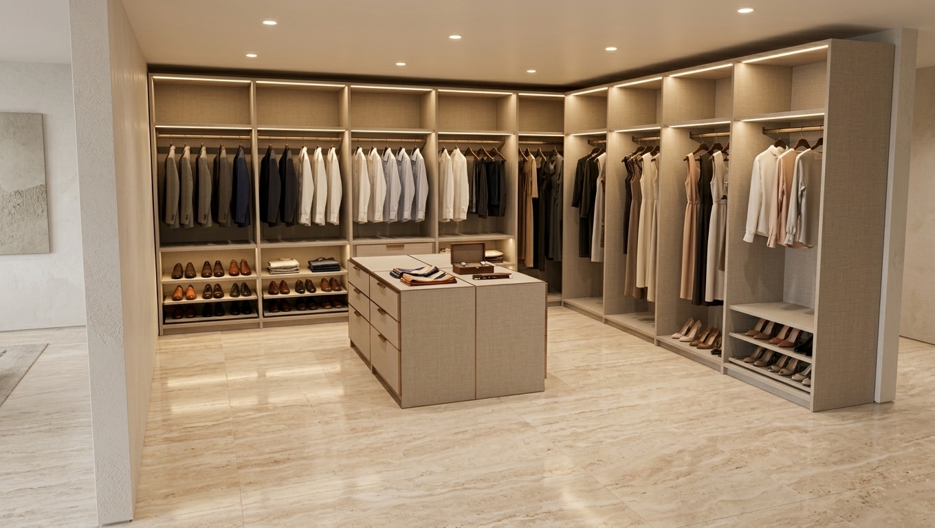An incredibly lifelike, richly detailed, photorealistic wide-angle interior photograph of an expansive walk-in closet set in a contemporary minimalist luxury residence. The scene is illuminated by soft, integrated warm LED strip lighting under every shelf and diffused ambient ceiling lights, creating an inviting, serene, and sophisticated atmosphere. Captured with a professional 24mm architectural lens, emphasizing the fine woven texture of the linen-finish cabinetry, the polished, warm-toned veins of the large-format travertine marble floor, and the exquisite organization of a high-end dressing room. Spanning the walls are sleek, open-concept wardrobes crafted in an elegant linen-hued finish, tastefully filled with impeccably hung men's tailored suits and shirts alongside women's elegant dresses and silk blouses, while neatly arranged rows of luxury leather shoes and heels line the lower and dedicated shoe racks. In the center, a matching linen-textured island unit anchors the space with minimalist drawers, providing an elegant staging area and enhancing the luxurious, harmonious aesthetic of this private dressing sanctuary.