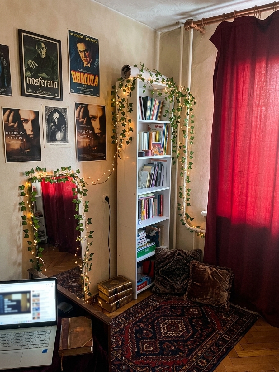 A realistic photograph captured with a 35mm lens preserving the exact room layout, illuminated by daylight softly diffused through the deep red curtains. Draped across the tall white bookshelf and framing the leaning mirror are faux ivy vines interwoven with warm, glowing fairy lights. Several matte vampire-themed art posters hang on the wall above the mirror. On the parquet floor in front of the shelf rests a small, traditional Georgian-style woven rug flanked by two or three plush decorative cushions. The scene features authentic surface textures, natural fabric folds, soft ambient shadows, subtle film grain, and gentle vignetting without altering the existing composition or perspective.