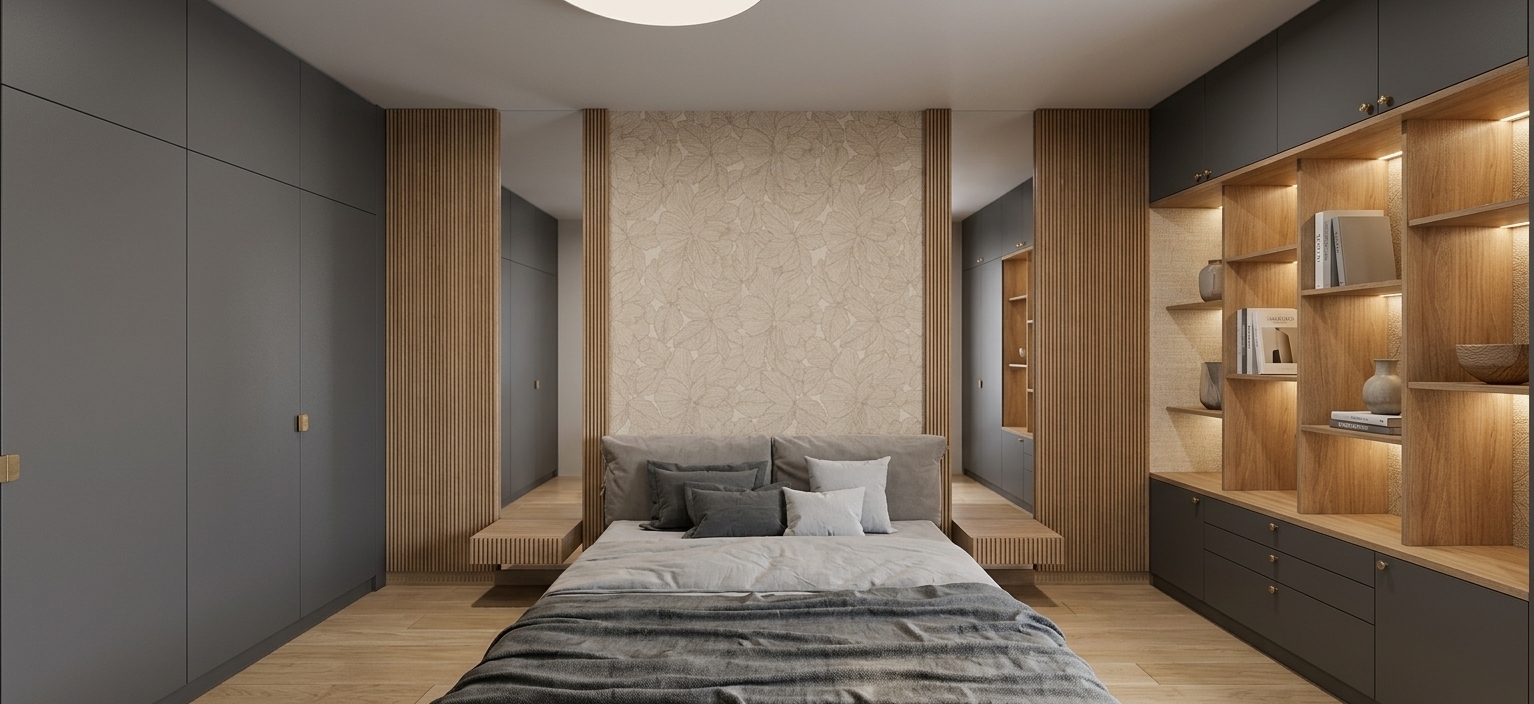 An architectural interior photograph of the modern bedroom, maintaining the exact perspective, geometry, and layout. Warm, balanced ambient lighting fills the space, complemented by soft indirect LED strip lighting nestled within the open bookcase shelves and subtle glow from a mirrored disk ceiling fixture. The feature wall behind the bed and the rear interior panels of the right bookcase showcase detailed beige floral wallpaper, accented by vertical fluted oak panels and clean, reflective glass mirrors on either side of the bed. Smooth matte charcoal finishes define the wardrobe cabinetry, while the bed is dressed in naturally creased linen and cotton bedding. Tasteful decorative objects and books rest inside the illuminated shelving, captured with crisp depth of field, accurate material reflections, and natural photographic micro-textures.