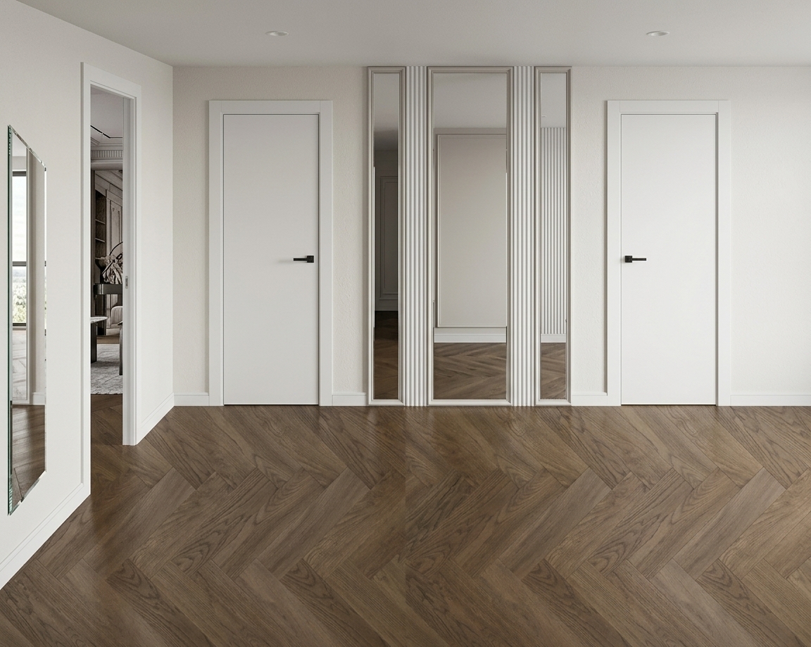 A crisp, photorealistic architectural interior photograph capturing the exact hallway composition, featuring authentic herringbone oak wood flooring with natural grain texture and a subtle semi-matte sheen. The smooth off-white walls and contemporary white doors with slim black linear hardware exhibit realistic matte textures, while the central wall seamlessly integrates three floor-to-ceiling mirror panels separated by vertical white fluted pilasters, accurately casting sharp, optically true room reflections. Captured straight-on with an architectural lens under balanced, neutral daylight and gentle ambient glow from recessed ceiling spotlights, the scene displays natural contact shadows, lifelike material physics, and subtle micro-textures devoid of synthetic CGI gloss.