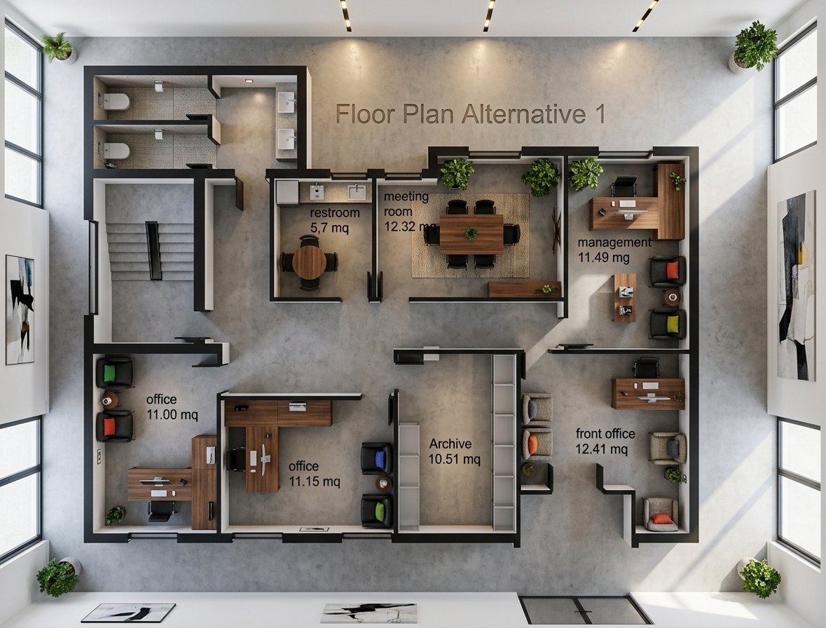 An incredibly lifelike, richly detailed, photorealistic top-down architectural photograph of a high-end, modern fusion office layout set in an upscale urban commercial space. The scene is illuminated by crisp, abundant natural daylight flooding through exterior windows and paired with sleek warm-toned recessed LED tracks, creating a dynamic, pristine, and sophisticated atmosphere. Captured with a professional medium format camera and an ultra-wide tilt-shift lens, emphasizing the rich textures of seamless polished concrete floors, rich matte black metal trims, and warm walnut modular desks. The interior showcases elegant monochrome armchairs accented with vibrant cushions, lush potted ficus trees tucked into meeting corners, minimalist storage archives, and pristine gallery-white walls complemented by bold abstract art and coffee table photography books neatly displayed in the executive suites.