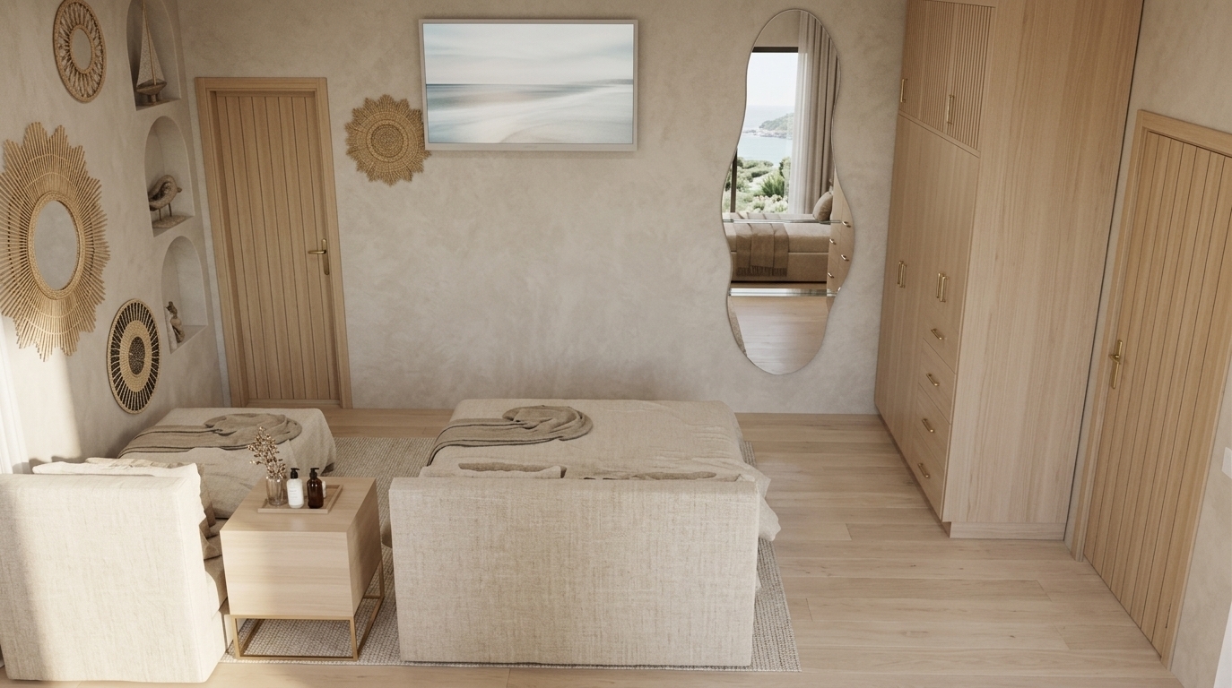An incredibly lifelike, richly detailed, photorealistic elevated wide shot of a serene, digital zen master bedroom set in a luxury coastal wellness retreat. The scene is illuminated by soft, diffused natural sunlight streaming gently from the side, casting subtle, airy shadows and creating a peaceful, meditative atmosphere. Captured with a professional 35mm architectural lens, emphasizing tactile micro-cement plaster walls, smooth light-ash hardwood flooring, and crisp organic linen bedding. 

The space features a cohesive neutral color palette of warm whites, soft sands, and muted beige tones. On the left, recessed curved niches softly cradle minimalist sculptural decor, complemented by an arrangement of finely woven natural rattan sunburst mirrors. Between the plush, neatly dressed beds rests a sleek light-wood nightstand accented with brushed brass and spa-like toiletry bottles. Across the wall, an ultra-thin smart display hangs flush, while an undulating, organic-shaped full-length mirror provides flawless, crisp reflections that expand the visual space. To the right, seamless full-height floor-to-ceiling wardrobes with subtle brushed handles and harmonious wood-toned interior doors complete the balanced, restorative sanctuary.