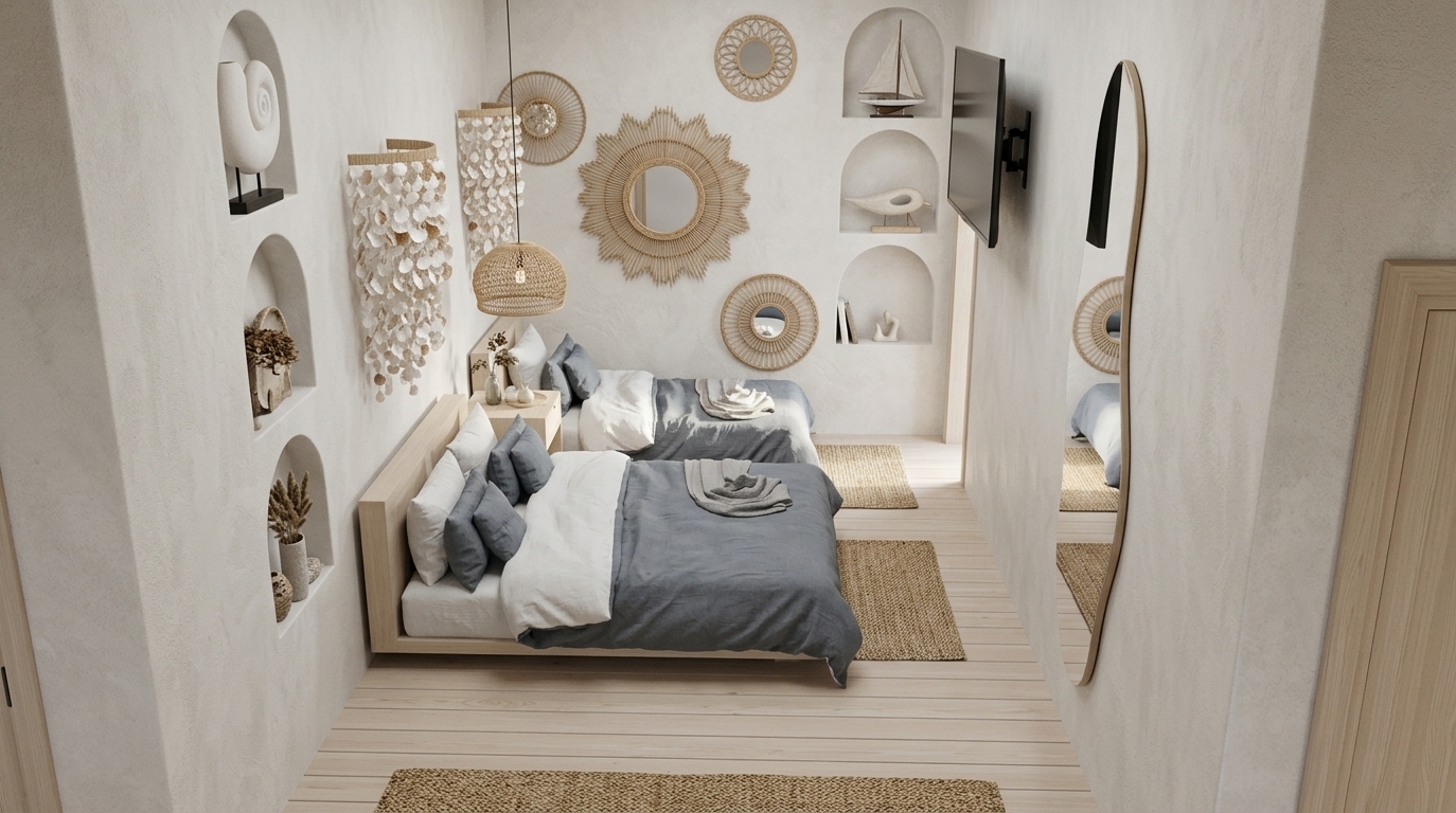 An incredibly lifelike, richly detailed, photorealistic wide-angle interior photograph of a tranquil bedroom retreat designed as a Scandinavian sanctuary. The scene is illuminated by soft, diffused daylight pouring in with gentle ambient fill light, creating a peaceful, soothing, and harmonious atmosphere. Captured with a 35mm architectural lens, emphasizing tactile lime-wash wall textures, airy linen bedding, and flawless crystal-clear mirror reflections. The textured off-white stucco walls feature elegant arched niches curated with minimalist ceramics, dried botanicals, and artisanal coastal artifacts. Twin beds are styled in layered crisp white and muted slate-gray organic linens, accented by intricately woven shell sconces and rattan sunburst wall mirrors that add warm natural texture. A fluid, organically shaped full-length mirror cleanly reflects the balanced, serene composition, while pale, light-toned flooring unifies the entire room into a seamless, restful haven of quiet luxury.