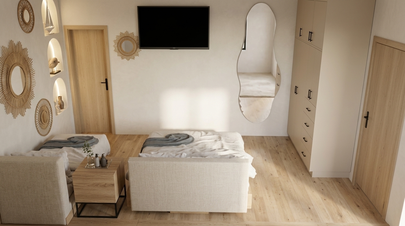An incredibly lifelike, richly detailed, photorealistic high-angle interior shot of a serene Scandinavian sanctuary bedroom set in a tranquil modern retreat. The scene is illuminated by soft, diffused natural sunlight streaming gently across the space, creating a deeply peaceful, warm, and harmonious atmosphere. Captured with a professional architectural camera and a 24mm tilt-shift lens, emphasizing the fine textures of smooth off-white limewash plaster, light oak hardwood flooring, and relaxed linen bedding. 

The cohesive neutral palette effortlessly ties the room together, featuring custom-fitted matte beige cabinetry, matching flush doors, and seamlessly integrated minimalist hardware. The full-length organic wavy mirror and the cluster of natural rattan sunburst mirrors boast flawless, crystal-clear glass reflections that expand the visual depth of the room. Soft, tactile bedding in crisp whites and muted slate greys invites relaxation, complemented by the elegant wood-grained nightstand and curated ceramic vessels nestled within soft-edged arched alcoves for the ultimate mindful retreat.