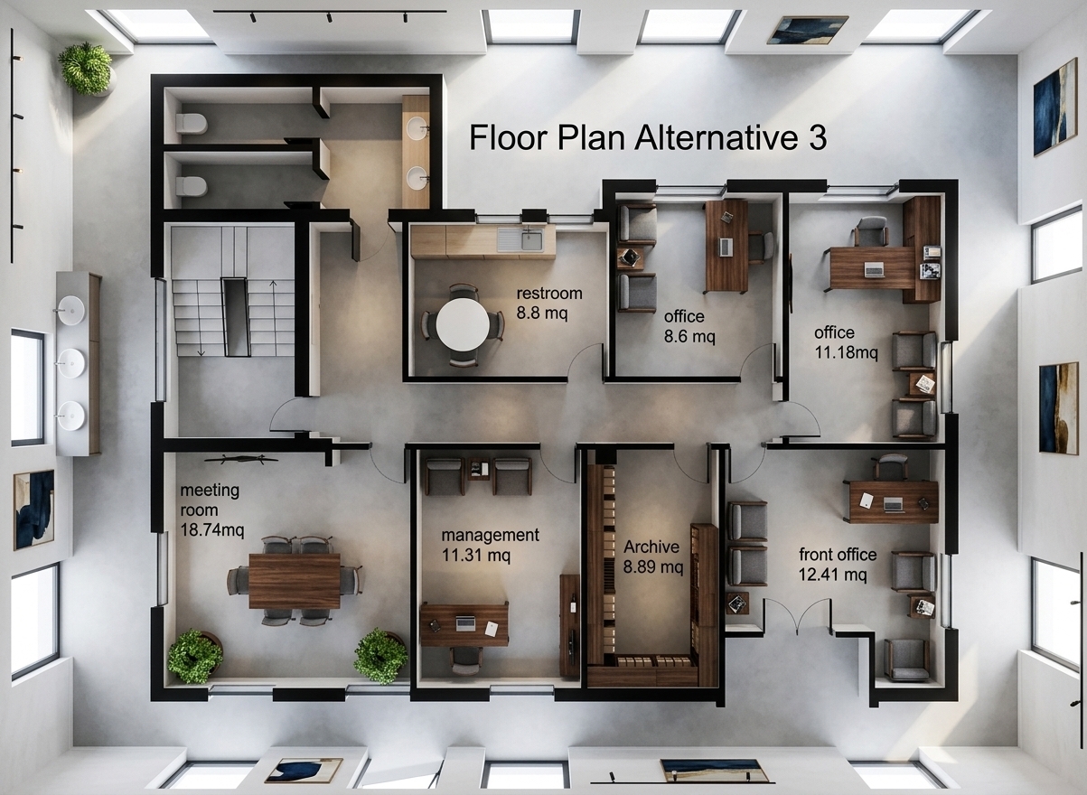 An incredibly lifelike, richly detailed, photorealistic top-down architectural interior view of a contemporary modern-fusion corporate office suite set in a sleek urban building. The scene is illuminated by bright, diffused daylight streaming through perimeter windows balanced by subtle warm LED track lighting, creating an open, dynamic, and sophisticated atmosphere. Captured with a high-resolution medium-format camera and a specialized tilt-shift architectural lens, emphasizing smooth light-gray concrete flooring, rich dark-wood desks, and crisp matte-black accents throughout. 

The modular layout reveals a seamless flow between private management suites, focused office pods, an organized central archive, and a spacious glass-partitioned meeting room furnished with a clean-lined conference table and lush potted greenery. Crisp white walls are accented by bold abstract wall art and curated photography books resting on sleek side tables beside tailored gray upholstered lounge chairs. The vibrant breakroom is equipped with minimalist cabinetry and a round dining set, completing this impeccably styled, industrial-inspired workspace designed for peak creativity and effortless collaboration.