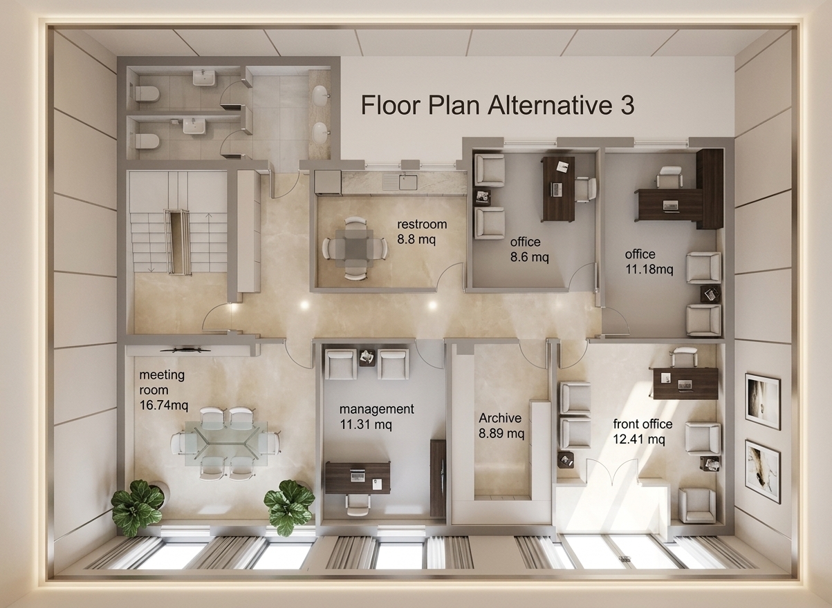 An incredibly lifelike, richly detailed, photorealistic top-down architectural overhead shot of a luxury corporate office layout set in an upscale, modern commercial building interior. The scene is illuminated by gentle, diffused daylight streaming through expansive exterior windows alongside soft warm recessed cove lighting, creating an airy, refined, and sophisticated atmosphere. Captured with a high-resolution medium format camera paired with a crisp wide-angle lens, emphasizing the rich contrast between polished champagne-toned stone floors, warm white acoustic walls, and brushed metallic trim. 

The fully realized spaces feature a palette of pearl, soft gray, and champagne, showcasing a spacious meeting room centered with an elegant glass conference table and tailored upholstery, executive management suites complete with sleek executive desks, coffee tables adorned with curated photography books, and cozy sitting corners with tailored lounge armchairs. Across the sunlit corridor, private office suites and a light-filled reception area boast understated abstract wall art, slim metal accents, and lush indoor greenery, while the breakroom showcases smooth stone countertops and minimalist dining arrangements, all perfectly organized in a balanced, clean-lined, and contemporary aesthetic.