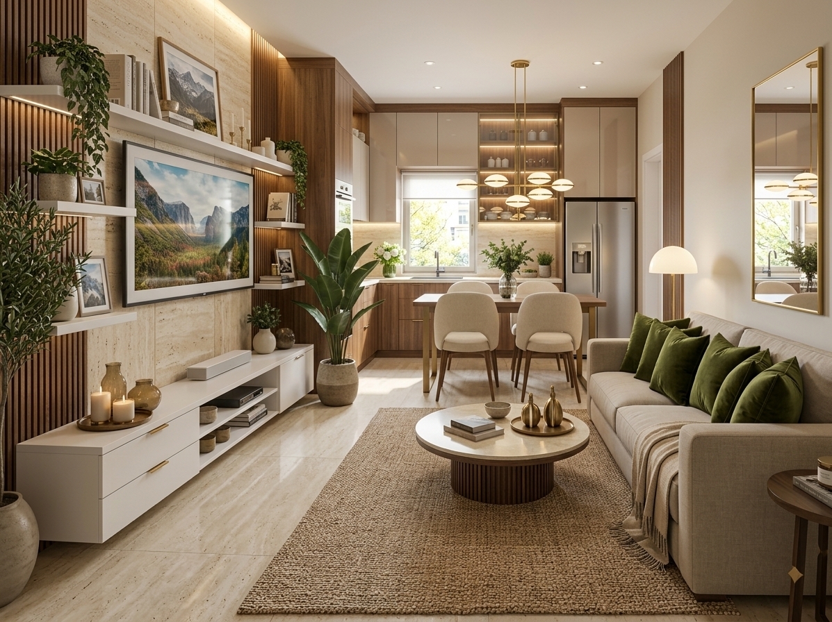 An incredibly lifelike, richly detailed, photorealistic wide-angle interior shot of a luxurious open-concept living and dining room set in a sophisticated urban apartment on a bright spring day. The scene is illuminated by gentle natural daylight filtering through the rear kitchen window paired harmoniously with warm, integrated LED cove backlighting and glowing display shelves, creating an opulent, chic, and invitingly glamorous atmosphere. Captured with a professional full-frame camera and a 24mm architectural tilt-shift lens, emphasizing polished cream travertine stone, refined vertical fluted walnut wood slats, and gilded metallic accents juxtaposed with rich jewel-toned olive green velvet cushions on a tailored neutral linen sofa. Anchoring the lounge area is a textured woven area rug beneath a round fluted-base coffee table featuring a polished stone top, a curated photography book, and sculptural brass decor, while an expansive floating media console with sleek white-lacquered drawers houses a framed landscape print and verdant indoor plants. In the midground, the dining ensemble showcases four elegant upholstered dining chairs beneath a stunning multi-globe brass pendant chandelier, mirrored perfectly along the right wall to amplify the room’s grand proportions and seamless flow into the streamlined modern kitchen beyond.