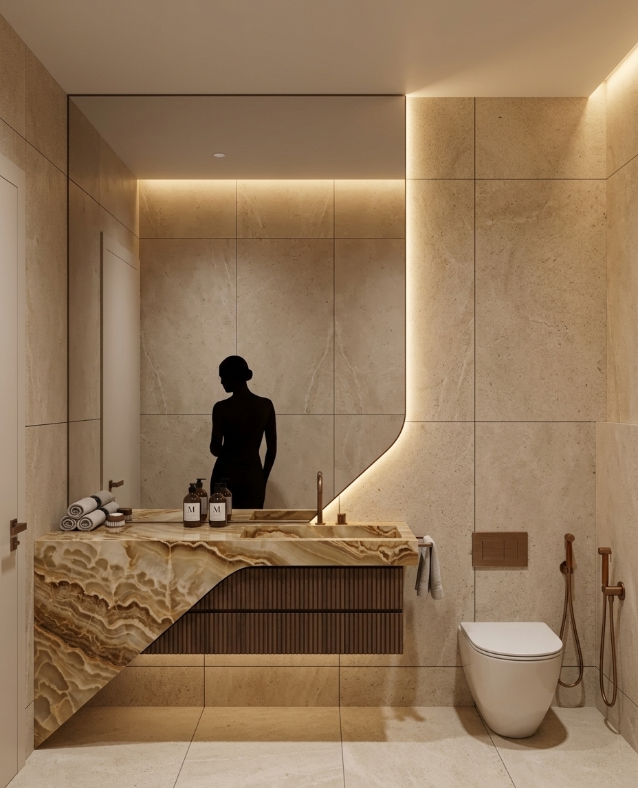 An incredibly lifelike, richly detailed, photorealistic wide-angle interior shot of a sophisticated, ultra-modern luxury bathroom set in a high-end contemporary residence. The scene is illuminated by layered warm architectural backlighting and hidden cove LEDs outlining a dramatically contoured frameless mirror and floating vanity, creating an intimate, serene, and exquisitely chic atmosphere. Captured with a 35mm tilt-shift architectural lens, emphasizing the fine veining of the dramatic book-matched onyx countertop, seamless fluted wood cabinetry, and tactile large-format beige limestone tiles. A stylish silhouette of a person stands elegantly in front of the expansive mirror, while clean ceiling lines replace hanging fixtures to enhance minimalism, and a sleek brushed-bronze bidet sprayer is mounted neatly beside the modern wall-hung toilet to complete the refined, functional elegance.