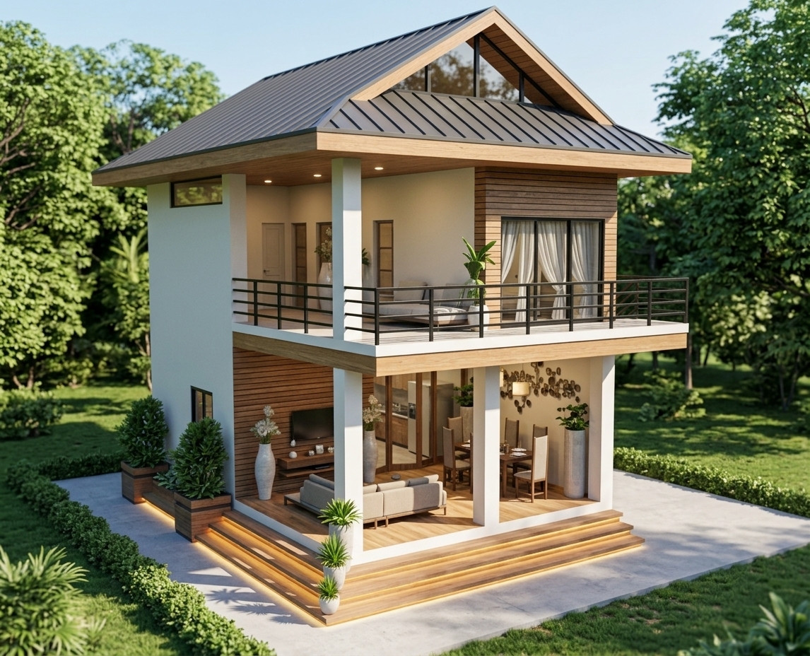 An incredibly lifelike, richly detailed, photorealistic high-angle exterior cutaway shot of a modern two-story Scandinavian sanctuary home set in a lush, sun-drenched summer landscape surrounded by mature green trees and manicured garden borders. The scene is illuminated by brilliant, clear midday sunlight that casts soft tree shadows, balanced by warm, subtle recessed interior and exterior ceiling lights and ambient golden cove lighting tucked neatly beneath the stepped wooden entrance stairs, creating an airy, peaceful, and luxurious atmosphere. Captured with a professional tilt-shift architectural lens, emphasizing the crisp texture of the dark gray rib-type metal gable roof, the refined natural warm-wood fascia boards, tactile horizontal timber wall paneling, and sleek black metal balcony railings. The cross-sectional view elegantly reveals a harmonious indoor-outdoor flow, showcasing a light-filled open ground-floor lounge and dining pavilion connected to the surrounding lawn, as well as a spacious second-floor terrace bordered by large glass sliding doors and finished with clean, minimalist Nordic furnishings.