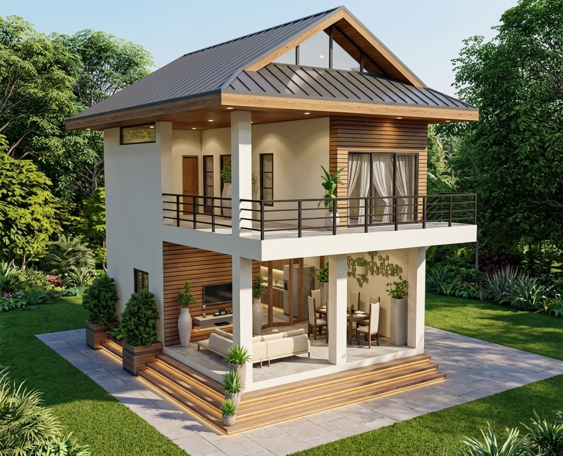 An incredibly lifelike, richly detailed, photorealistic architectural photo of a contemporary two-story minimalist haven set in a vibrant outdoor summer garden surrounded by lush, mature greenery. The scene is illuminated by brilliant, direct midday sunlight that casts crisp architectural shadows, beautifully complemented by warm recessed interior and exterior ceiling downlights and elegant, subtle cove lighting tracing beneath the timber deck stairs, creating a serene and sophisticated atmosphere. Captured with a professional 24mm tilt-shift lens, emphasizing the crisp standing seams of the dark gray rib-type metal roofing, the rich natural grain of the wooden fascia boards, warm horizontal wood slat cladding, and smooth off-white stucco pillars. The striking cutaway elevation reveals a bright, open-plan ground floor furnished with plush cream sofas, a sleek media console, and a dining suite, which seamlessly transitions to an expansive upper-level terrace with minimalist black railings and sunlit living quarters, all enveloped by manicured emerald lawns and architectural potted greenery.