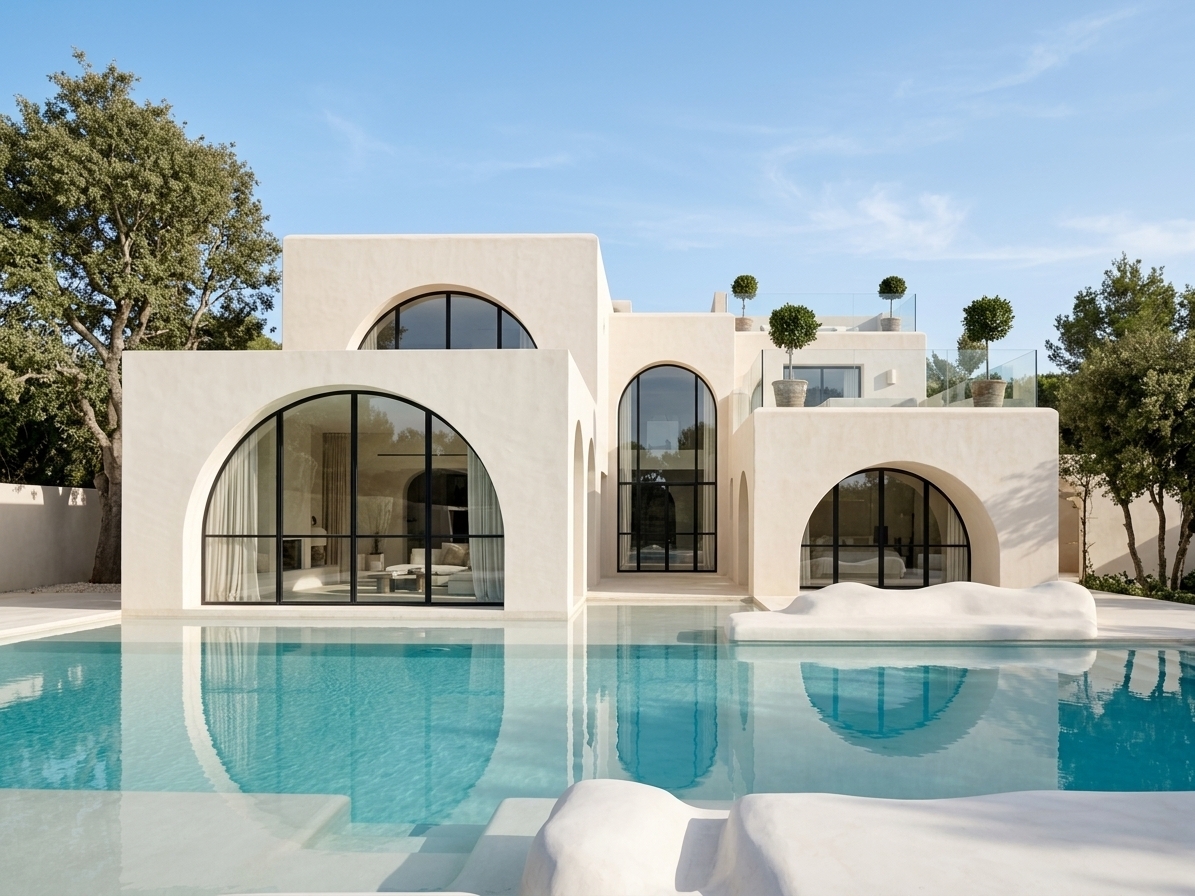 An incredibly lifelike, richly detailed, photorealistic wide-angle exterior shot of a modern minimalist Mediterranean villa set in a tranquil, sun-drenched private oasis. The scene is illuminated by bright, clear natural daylight that casts soft, crisp shadows and accentuates the monolithic sculptural forms, creating a peaceful, serene, and ultra-luxurious atmosphere. Captured with a professional 35mm architectural tilt-shift lens at f/8, emphasizing the fine-grained sand-tone plaster facade, sleek black steel mullions, and pristine, glass-like water reflections.

The villa’s architecture showcases a masterclass in minimalist geometry, featuring smooth, warm off-white stucco and microcement finishes. The ground level is defined by dramatic, oversized arched portals enclosed with custom black-framed glass panes, seamlessly merging indoor and outdoor living. Visible through the expansive arched glazing are curated, clutter-free interior spaces styled with sheer linen drapery, subtle pastel and monochromatic tones, low-slung contemporary furniture, and glimpses of tasteful abstract wall art.

In the foreground, a pristine swimming pool spans across the composition, its crystal-clear turquoise water providing a mirror reflection of the grand arched facade and the clear blue sky. Bordering the pool, a polished limestone terrace accommodates sleek wooden sun loungers topped with crisp white cushions, shaded by an elegant, minimalist sun umbrella. Artfully placed ceramic clay vessels and textured stone planters with slender green foliage anchor the edges of the terrace, while the upper-level rooftop deck features refined minimalist railings, potted topiaries, and clean architectural volumes. The entire scene is framed by mature, leafy trees under a vast sky with soft wisps of clouds, evoking an ambiance of pure Zen-inspired elegance and architectural refinement.