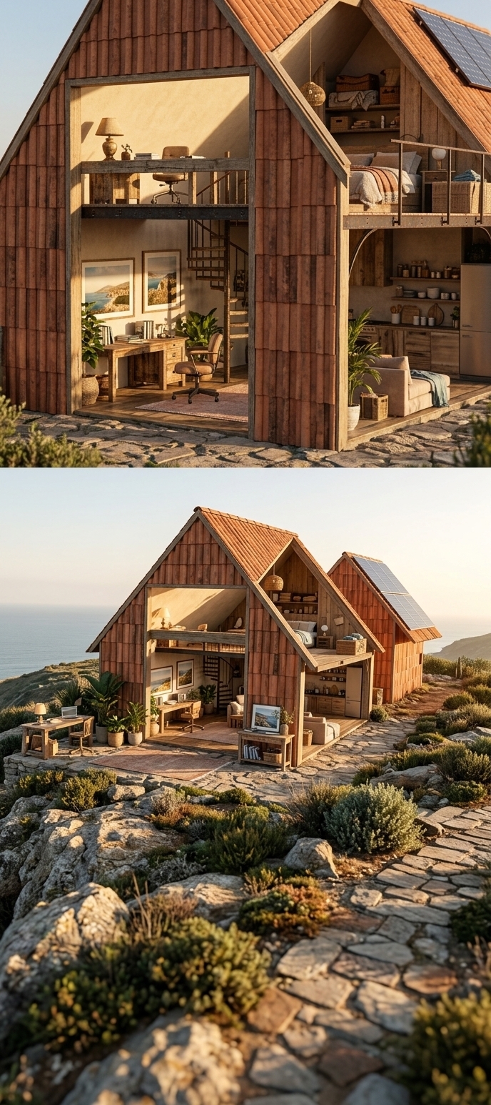 An incredibly lifelike, richly detailed, photorealistic architectural cutaway view of a modern Mediterranean retreat and lofted home office set along a sun-drenched coastal hillside in early spring. The scene is illuminated by the radiant, golden glow of sunrise streaming through soaring floor-to-ceiling glass, creating a relaxed, warm, and casually rustic atmosphere. Captured with a high-end full-frame camera and a sharp tilt-shift lens, emphasizing tactile, aged terracotta cladding, raw timber finishes, and wrought-iron structural accents. The exposed two-level interior reveals an open-concept living area below and an inviting mezzanine workspace above, styled with rustic wooden desks, curated photography books, framed Mediterranean landscape art, lush indoor potted plants, and plush textiles in a sun-soaked palette of earthy terracotta, sea blues, and soft, warm neutrals.