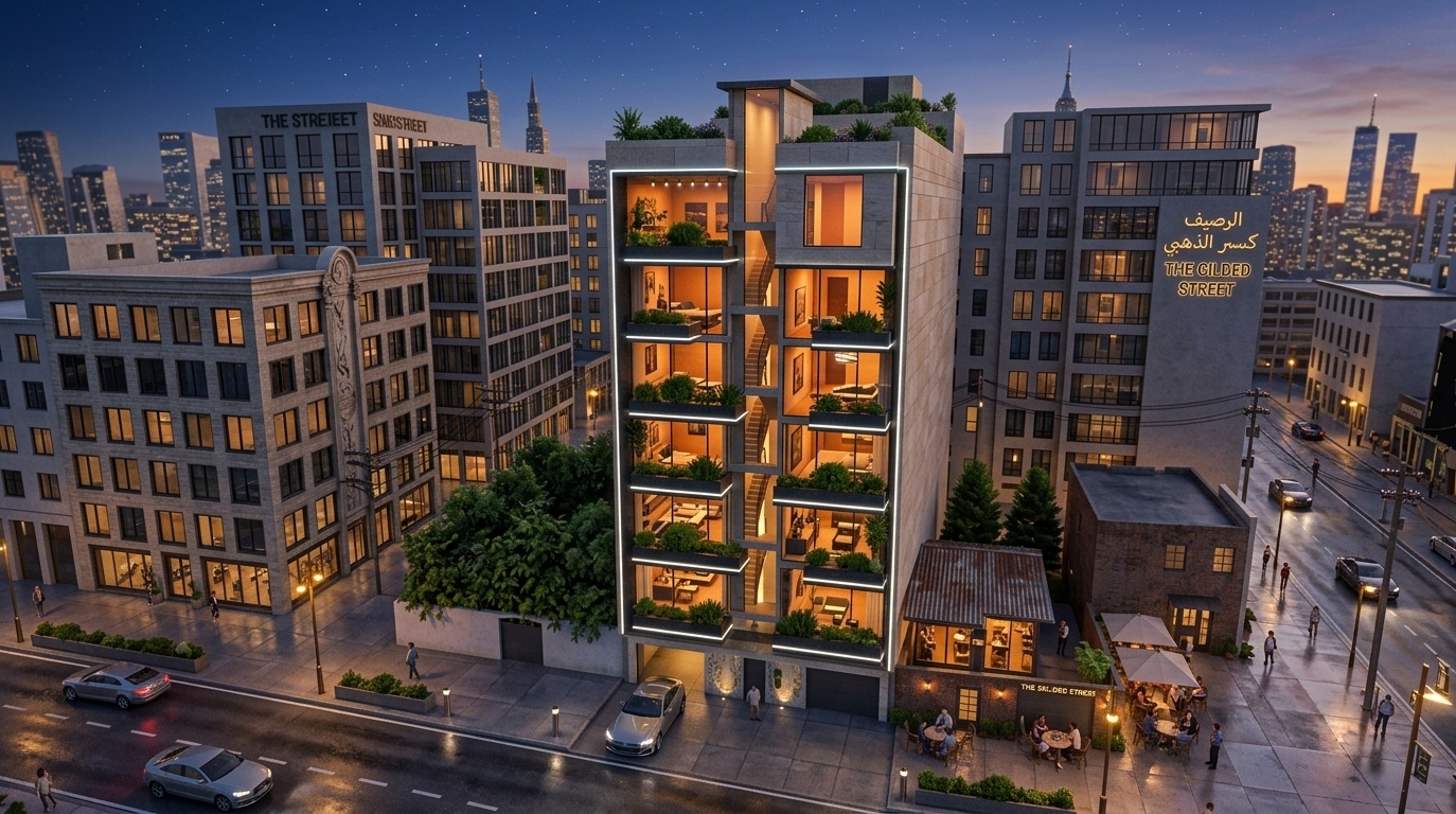 An incredibly lifelike, richly detailed, photorealistic high-angle architectural shot of a contemporary multi-story luxury residence set in a bustling, refined urban cityscape at twilight. The scene is illuminated by warm, glowing interior lighting, sleek perimeter LED accents along the balconies, and golden street-level fixtures contrasting against the cool twilight sky, creating a sophisticated and vibrant atmosphere. Captured with a wide-angle tilt-shift lens, emphasizing clean-lined architectural geometry, polished stone surfaces, lush terrace greenery, floor-to-ceiling glass windows revealing glimpses of elegant interiors, and the reflective asphalt of the lively street below framed by a glittering distant skyline.