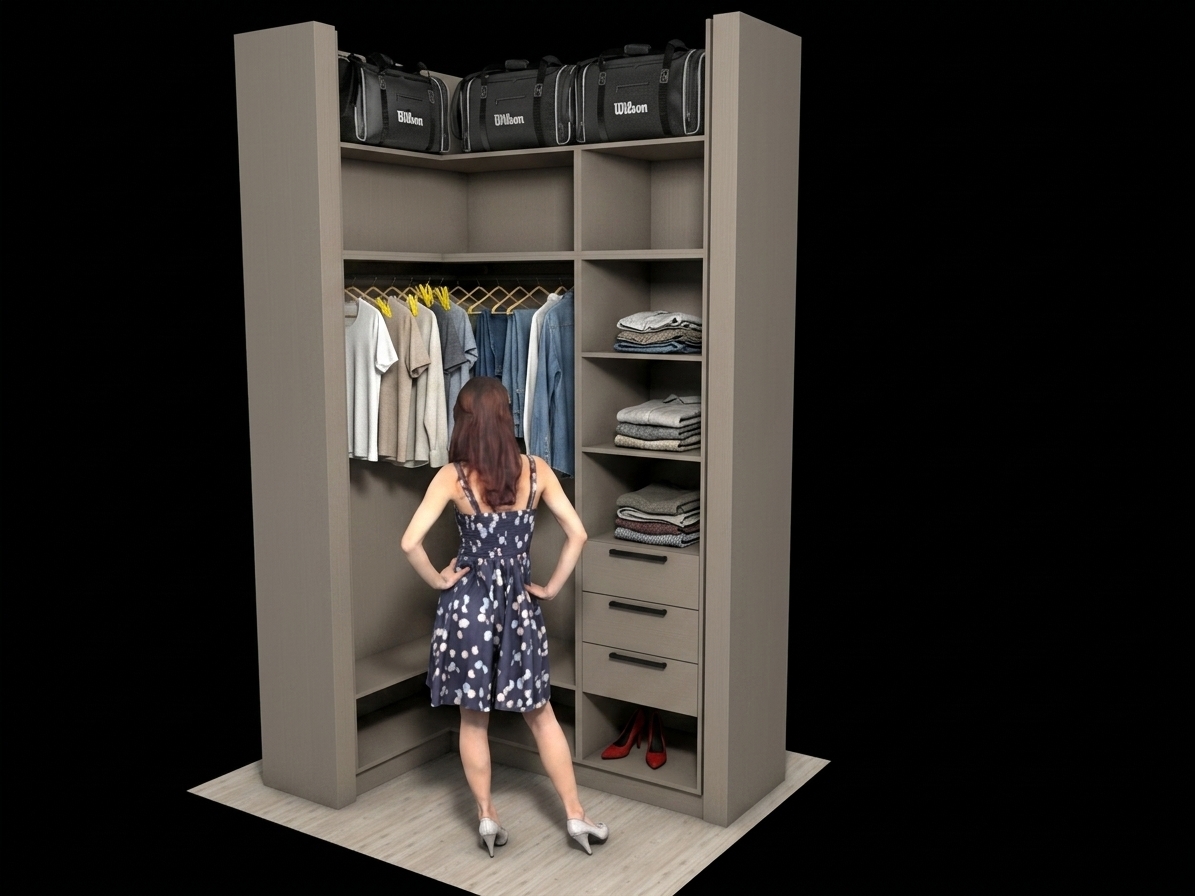 A high-end architectural photograph capturing the exact corner wardrobe layout and standing woman, illuminated by soft, natural studio lighting. The neutral taupe laminate closet shelving holds realistic folded clothing on the open shelves, neatly arranged hanging garments on the hangers, and authentic fabric textures on the duffel bags above. The woman features natural skin textures, realistic hair, and accurate fabric drape on her dress and high heels against the light wood floor. Sharp focus, subtle contact shadows, balanced highlights, and gentle lens depth of field render the scene as an authentic, tactile interior photograph.
