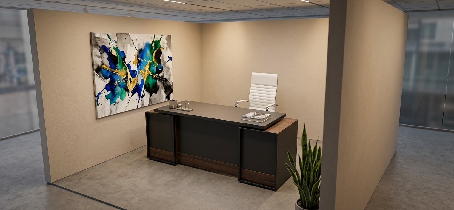 An incredibly lifelike, richly detailed, photorealistic wide-angle interior shot of a modern fusion executive office set in a sleek urban setting. The scene is illuminated by soft, recessed architectural track lighting and warm diffused ambient glow, creating a dynamic, focused, and sophisticated atmosphere. Captured with a 35mm full-frame lens at f/4, emphasizing polished and matte textures, clean geometric lines, and tactile material contrasts. 

At the center, the prominent executive desk combines deep charcoal panels, sleek modular pedestals, and rich dark walnut accents framed by matte black metal trim. Behind it sits a high-back ergonomic chair upholstered in crisp, ribbed white leather with polished chrome armrests. The surrounding warm-neutral walls are accented by a large-scale bold abstract painting featuring vibrant, energetic splashes of color against monochrome tones. A curated photography book and minimal metallic accessories rest elegantly on the smooth desktop, while a lush, potted architectural plant introduces vibrant greenery that breathes organic life into this contemporary, industrial-inspired workspace.