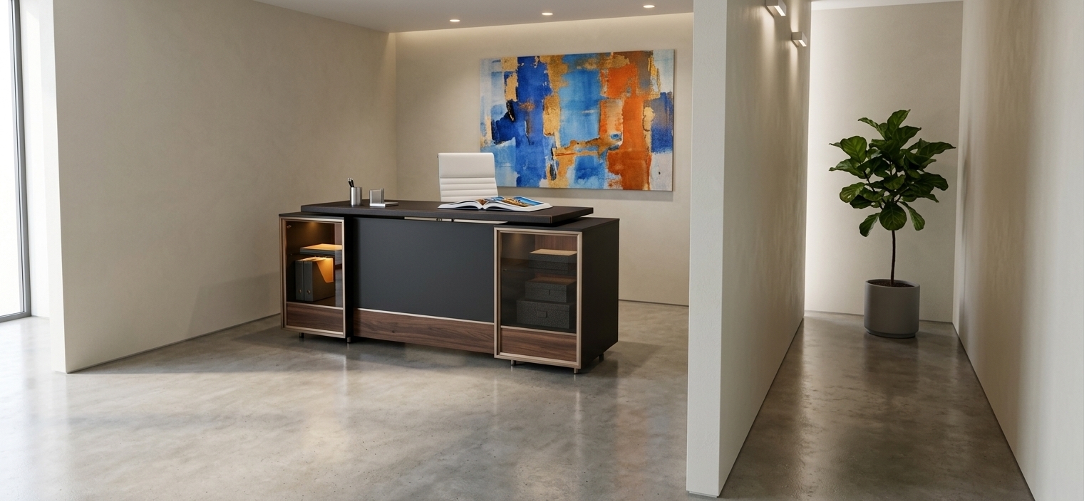 An incredibly lifelike, richly detailed, photorealistic wide-angle interior shot of a sleek modern fusion executive office set in a contemporary urban workspace. The scene is illuminated by soft, natural daylight combined with subtle, recessed architectural LED lighting, creating a bright, focused, and sophisticated atmosphere. Captured with a professional full-frame camera and a 35mm tilt-shift architectural lens, emphasizing the seamless, smooth surfaces, rich textures, and bold geometric silhouettes. Centered in the open-concept alcove is an industrial-inspired executive desk finished in matte charcoal-black with brushed metallic trims and warm wood under-tones, paired with a pristine white ribbed leather ergonomic task chair. On the sleek tabletop rests an open luxury photography book alongside minimal modern stationery, while the warm neutral walls are enlivened by vibrant abstract wall art and a potted indoor plant providing a striking touch of lush greenery against the clean, polished floor.