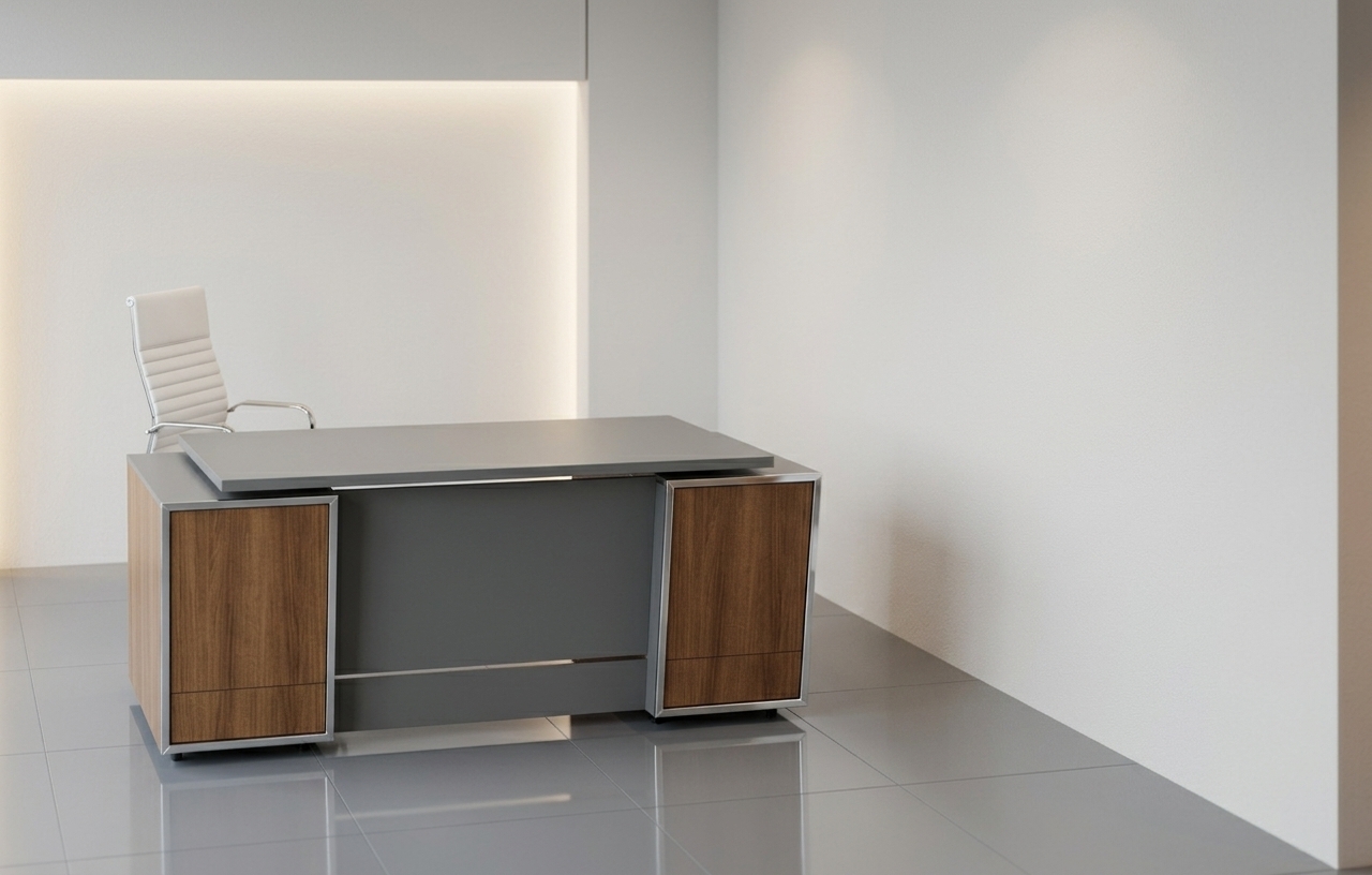 An incredibly lifelike, richly detailed, photorealistic medium shot of a modern fusion executive office set in a sleek, minimalist urban corporate interior. The scene is illuminated by soft, diffused architectural light paired with subtle warm ambient highlights, creating a clean, sophisticated, and dynamic atmosphere. Captured with a 50mm prime lens, emphasizing the smooth matte-grey surfaces of the modular desk, the delicate sheen of polished chrome accents, and the crisp reflections on the glossy floor. Centered in the composition stands a geometric, contemporary desk featuring clean-lined cabinetry and metallic trim, perfectly complemented by an ergonomic high-back executive chair upholstered in ribbed white leather. The pristine, neutral backdrop highlights the bold silhouettes and modular elegance of the workspace, embodying an elevated balance of industrial precision and refined modern design.