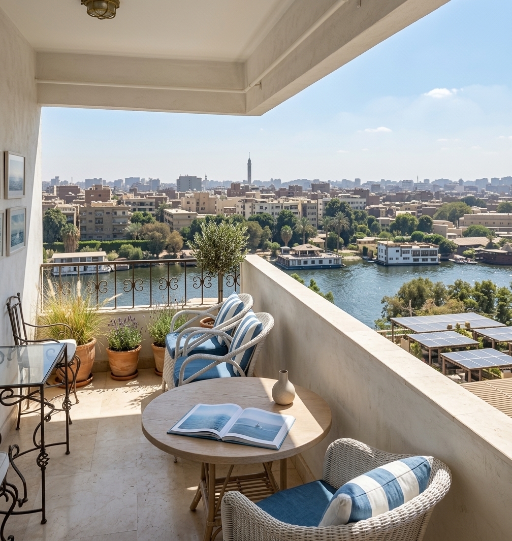 An incredibly lifelike, richly detailed, photorealistic wide-angle eye-level shot of an elevated, coastal-inspired outdoor patio and balcony lounge set in a sun-drenched waterfront apartment overlooking a vibrant riverfront vista. The scene is illuminated by radiant mid-afternoon natural sunlight and gentle ambient skylight, creating an airy, light, fresh, and sun-kissed atmosphere. Captured with a 35mm f/2.8 wide lens, emphasizing the tactile textures of woven wicker, bleached timber, breezy linens, smooth light travertine tiles, and lush potted greenery. 

The renovated balcony is transformed into an inviting, open-air nautical haven featuring pristine, off-white limewashed walls and warm sandy-neutral stone flooring. Stylish whitewashed wooden and woven wicker armchairs, outfitted with plush sea-blue and crisp white linen cushions, surround a round bleached-oak side table styled with an open ocean photography book and a minimalist ceramic vase. Potted coastal grasses, lavender, and a miniature olive tree in terracotta planters frame the panoramic skyline and shimmering water below, while subtle seascape framed art graces the shaded sidewall, seamlessly blending casual beachside relaxation with sophisticated outdoor living.