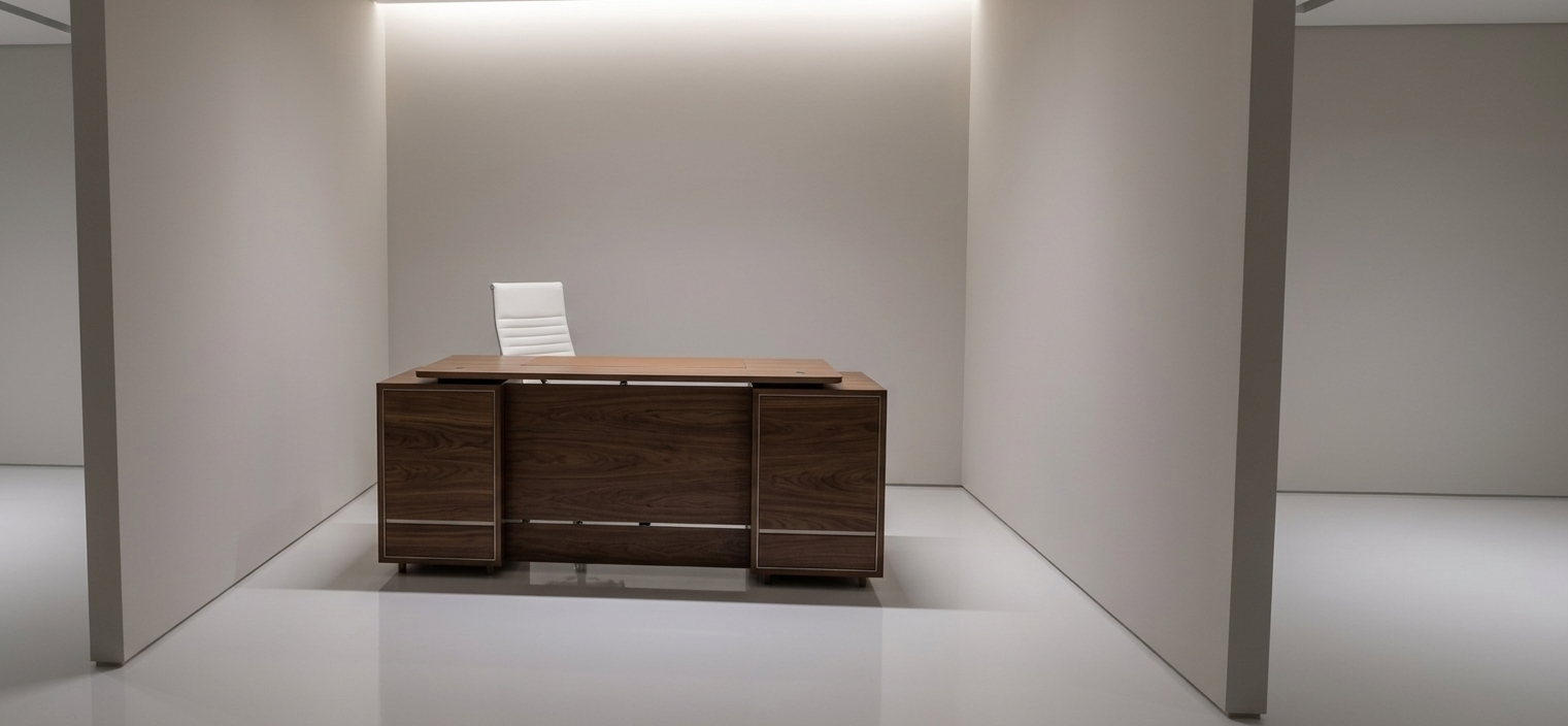 An incredibly lifelike, richly detailed, photorealistic eye-level interior shot of an executive desk suite set in a sleek modern office alcove. The scene is illuminated by diffused overhead architectural lighting that casts gentle ambient light and soft, accurate contact shadows, creating a serene, highly professional atmosphere. Captured with a full-frame 50mm architectural prime lens, emphasizing the tactile deep wood grain and realistic matte-satin sheen of the Faromid 3350 FD wood finish meticulously applied across the main desk body, modesty panel, and side drawer units. Behind the desk, the white ribbed leather executive chair stands crisp in focus, while subtle metallic reveal lines punctuate the joinery. The entire composition rests gracefully on a polished, ultra-clean reflective floor, capturing faint, elegant mirror highlights beneath muted, perfectly smooth minimalist walls.