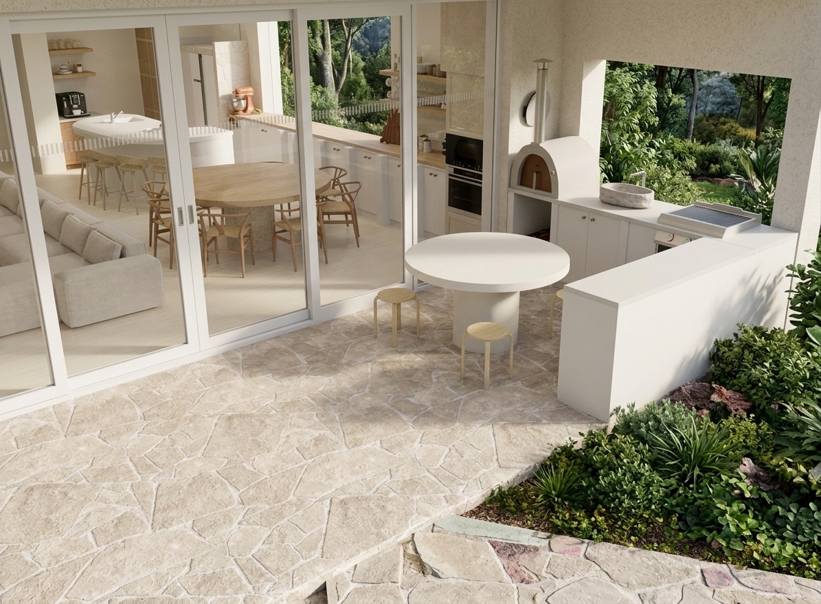 A crisp architectural photograph captured on a bright summer midday with high-angle natural sunlight casting sharp, clean shadows across the scene. The crazy-paving flagstone patio features realistic stone textures and tactile grout, meeting the smooth, matte-white finishes of the outdoor kitchen counter, pizza oven, and round dining table with wooden stools. Through the expansive glass sliding doors, subtle exterior reflections blend with a brightly lit interior showcasing wooden dining chairs and soft living areas. The image is rendered with a wide-angle architectural lens, deep depth of field, lush green foliage visible through the openings, accurate material specularities, and a crisp, natural color temperature.