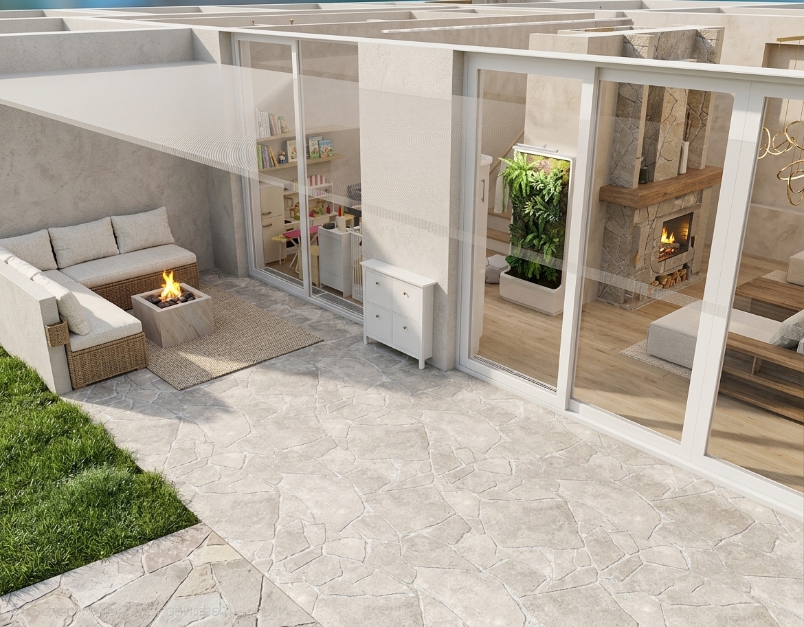 A bright, high-resolution architectural photograph capturing the modern patio on a sunny summer midday. Crisp, direct overhead sunlight casts sharp, distinct shadows across the textured limestone crazy-paving floor and matte white stucco walls. The large glass sliding doors display realistic exterior reflections, offering clear visibility into the interior featuring the stone fireplace and lush vertical plant wall. The corner bench with woven fabric cushions, the white storage console, and the sleek square fire pit showcase authentic material micro-textures. Captured on a wide-angle lens with balanced high-dynamic range, warm natural color temperature, and subtle photographic grain.