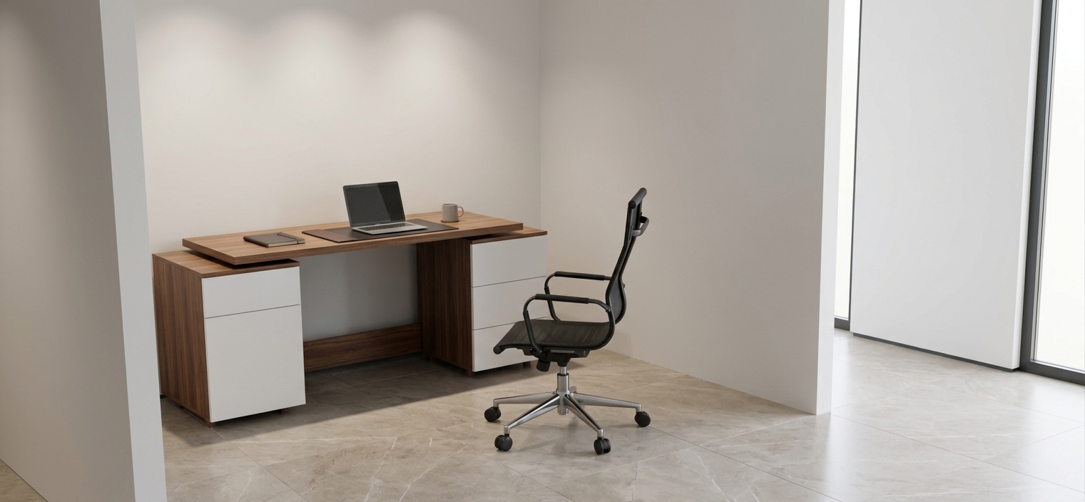 An incredibly lifelike, richly detailed, photorealistic wide-angle interior photograph of an executive study nook set in a minimalist modern office. The scene is illuminated by soft, diffused ceiling spotlights and gentle ambient daylight spilling in from the side, creating a calm, focused, and professional atmosphere. Captured with a full-frame camera on a 35mm lens at eye-level perspective, emphasizing the tactile textures of authentic materials, crisp edge alignments, and subtle natural reflections. 

The custom-built desk showcases the rich, refined woodgrain pattern of the Faromid 3350 FD finish across the thick desktop surface, carcass frame, and supporting pedestals, elegantly contrasted by clean, seamless drawer fronts finished in smooth matte white lacquer. Neatly arranged on the desk surface are tasteful office accessories—including a closed ultra-slim aluminum laptop, a dark leather blotter pad, and a minimalist ceramic mug. Beside it, an ergonomic high-back task chair featuring breathable black mesh, matte structural accents, and a polished metallic five-star wheeled base sits precisely angled on smooth, neutral-toned flooring, framed by clean, pristine drywall.