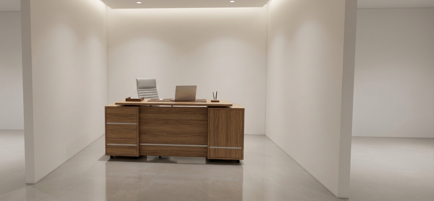 An incredibly lifelike, richly detailed, photorealistic eye-level interior shot of an executive workstation set in a sleek, minimalist corporate office suite. The scene is illuminated by soft, diffused architectural cove lighting and subtle overhead directional downlights, creating a sophisticated, focused, and professional atmosphere. Captured with a 50mm architectural lens at eye level, emphasizing the exquisite, natural woodgrain texture of the Faromid 3350 FD MDF finish across all desk fronts and side panels. The executive desk commands the center of the frame with its balanced proportions, highlighted by refined brushed metal horizontal inlay accents. Atop the smooth desktop sits a curated arrangement of modern office accessories, including an ultra-thin contemporary laptop, a sleek leather blotter, and a minimalist pen stand. Positioned elegantly behind the desk is the ergonomic high-back task chair with ribbed light-grey upholstery, while the clean off-white perimeter walls and glossy polished floor capture soft, realistic reflections and subtle contact shadows beneath the desk’s discreet base feet.