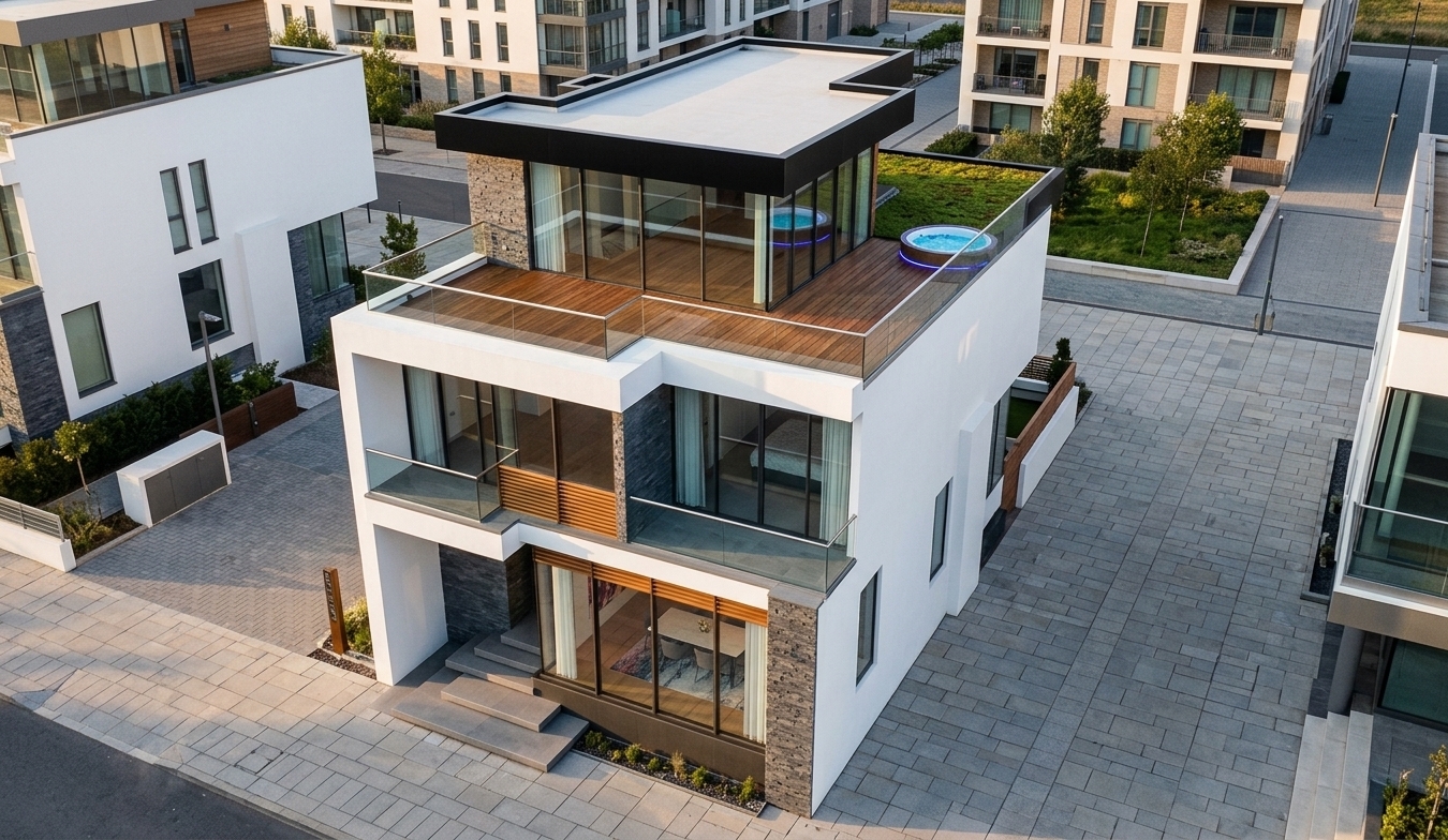 An incredibly lifelike, richly detailed, photorealistic elevated three-quarter architectural exterior shot of a modern fusion multi-level luxury residence set in a sleek urban setting. The scene is illuminated by crisp, warm late-afternoon sunlight and soft ambient sky fill, creating an elegant, vibrant atmosphere with sharp, clean shadows. Captured with a professional tilt-shift architectural lens, emphasizing the interplay of textured charcoal slate stone, smooth brilliant white perimeter walls, warm vertical timber panels, and expansive floor-to-ceiling glass facades. Cantilevered geometric volumes frame open-concept interiors where hints of a contemporary dining area with abstract art and refined finishes are visible through transparent glazing. The upper levels transition effortlessly to a private rooftop terrace finished with rich teak decking, a glowing circular spa pool, and a lush green turf roof with bold black coping, establishing a striking harmony of industrial-inspired metal, organic textures, and minimalist luxury.