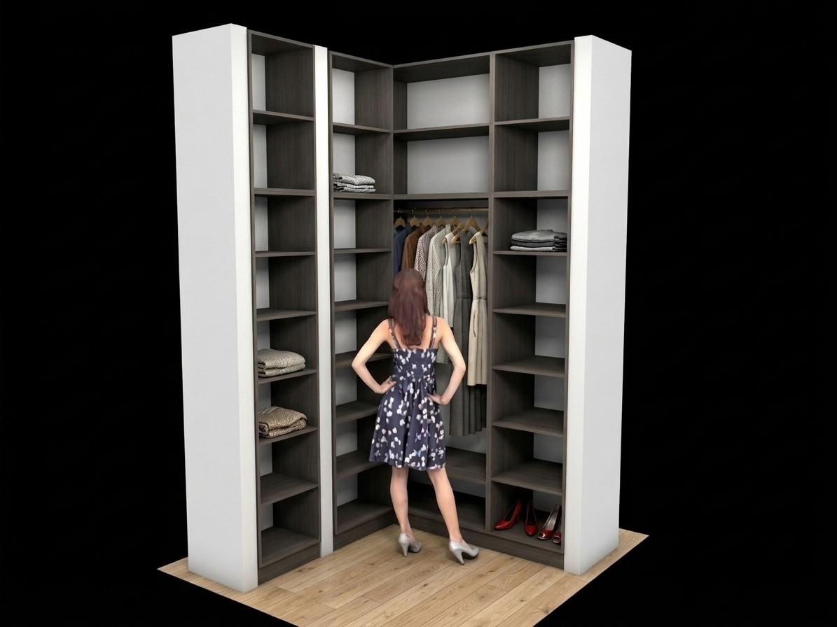 A crisp studio photograph of the corner wardrobe system, strictly preserving the exact geometry, perspective, materials, and composition. The dark grey cabinetry displays realistic fine wood grain and soft satin reflections, bordered by matte white side panels and warm oak plank flooring with natural grain and micro-seams. Balanced interior studio lighting casts gentle, realistic contact shadows across the shelves, accentuating the natural draping, fine fabric weaves, and realistic folds of the clothes hanging on wooden hangers. The woman in the floral dress features realistic hair, skin tones, and subtle textile textures, while the folded garments and leather shoes exhibit authentic surface micro-details, all captured with sharp focus and subtle photographic depth.