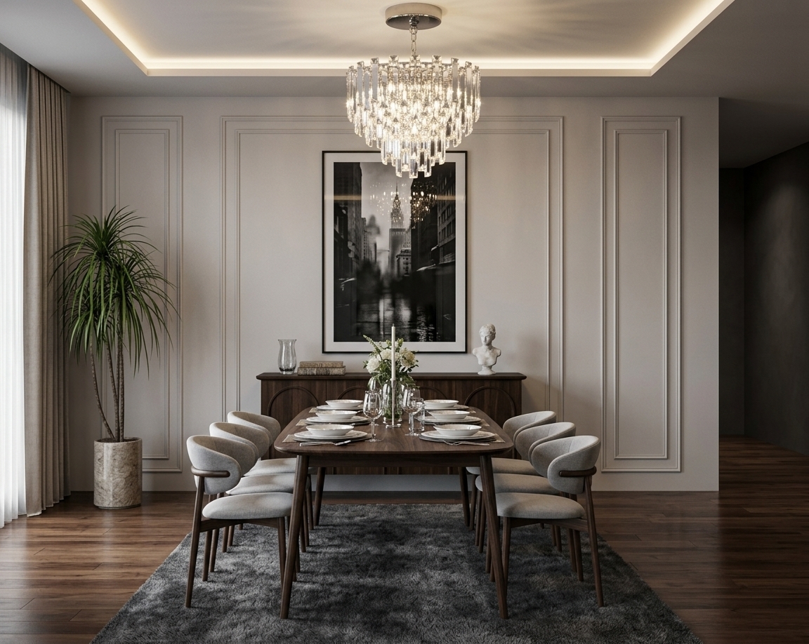An incredibly lifelike, richly detailed, photorealistic eye-level interior shot of a sophisticated modern fusion dining room set in an upscale urban penthouse. The scene is illuminated by the brilliant, sparkling glow of a tiered crystal chandelier paired with soft ambient cove lighting and diffused natural daylight filtering through floor-to-ceiling drapes, creating a warm, moody, and refined atmosphere. Captured with a professional 50mm architectural lens, emphasizing the rich, dark walnut grain of the dining table, the soft upholstery of the contemporary curved-back chairs, and the intricate facets of the hanging glass fixture. In the background, crisp classic wall moldings frame an evocative, oversized black-and-white art print mounted above a dark wooden sideboard adorned with a marble bust, curated books, and delicate floral accents, while a lush green potted palm in a textured stone planter and a plush charcoal area rug ground the sleek, high-contrast monochrome design.