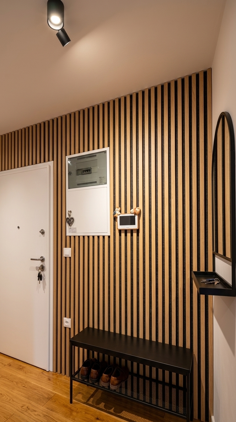 An incredibly lifelike, richly detailed, photorealistic eye-level interior shot of an entryway mudroom transformed into a minimalist haven set in a contemporary apartment. The scene is illuminated by the warm, direct glow of a ceiling-mounted matte black spotlight paired with soft ambient hall lighting, creating an inviting, structured, and sophisticated atmosphere. Captured with a 35mm architectural lens, emphasizing the rich natural grain of vertical oak wood slats, dark textured felt, and smooth powder-coated metal finishes. 

Extending across the main wall away from the clean white entrance door, a full accent feature wall of vertical light oak wood slats backed with black acoustic felt brings rhythm, depth, and organic warmth to the space. Perfectly aligned beneath the white electrical enclosure, a sleek matte black shoe changing bench and rack of matching width anchors the floor, paired with the glossy honey-toned wooden floorboards. To the right, mounted against the oak slat wall, a slim floating black key shelf provides a designated drop zone, crowned by an elegant half-round mirror reaching the exact upper height line of the electrical box to reflect light and achieve a perfectly balanced, functional aesthetic.