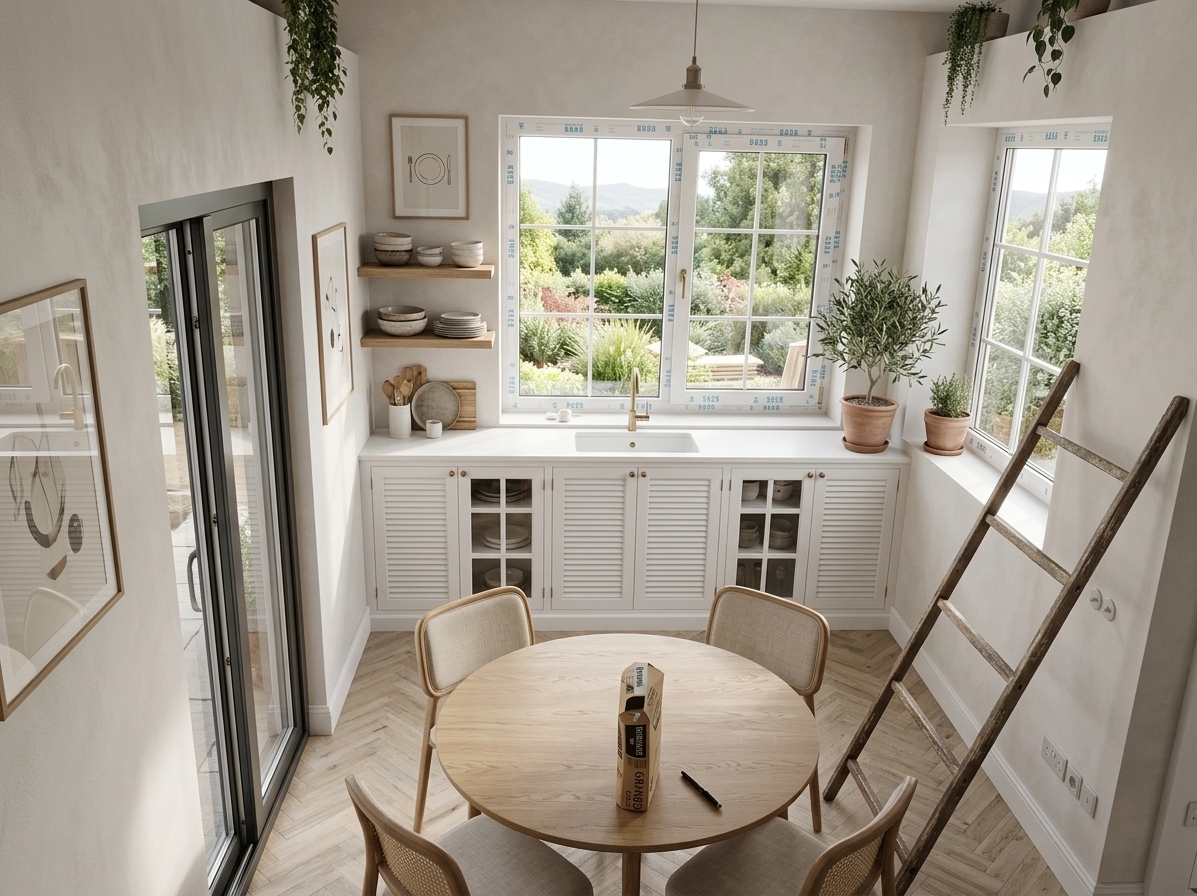 An incredibly lifelike, richly detailed, photorealistic wide-angle interior photograph of a reimagined Scandinavian sanctuary dining terrace set in a sun-drenched modern countryside home. The scene is illuminated by soft, diffused natural morning light pouring through framed picture windows, creating a tranquil, airy, and inviting atmosphere. Captured with a 24mm architectural lens at f/8, emphasizing tactile textures of warm natural oak, woven fibers, and crisp painted woodwork. 

Positioned gracefully beneath the central window is a custom built-in white sideboard featuring classic louvered shutter doors and smart interior dishware compartments, crowned by an undermount porcelain sink with a minimalist brushed brass faucet overlooking the lush outdoor garden. In the center of the light-toned herringbone wooden floor rests an elegant round oak dining table surrounded by curved Scandinavian chairs upholstered in neutral linen and cane webbing. The soft limewash walls are tastefully styled with minimalist dining-themed art prints and floating open shelves holding artisanal ceramics, while thriving potted olive trees and hanging trailing plants bring vibrant life to the corners, seamlessly completing this bright and cozy dining haven.