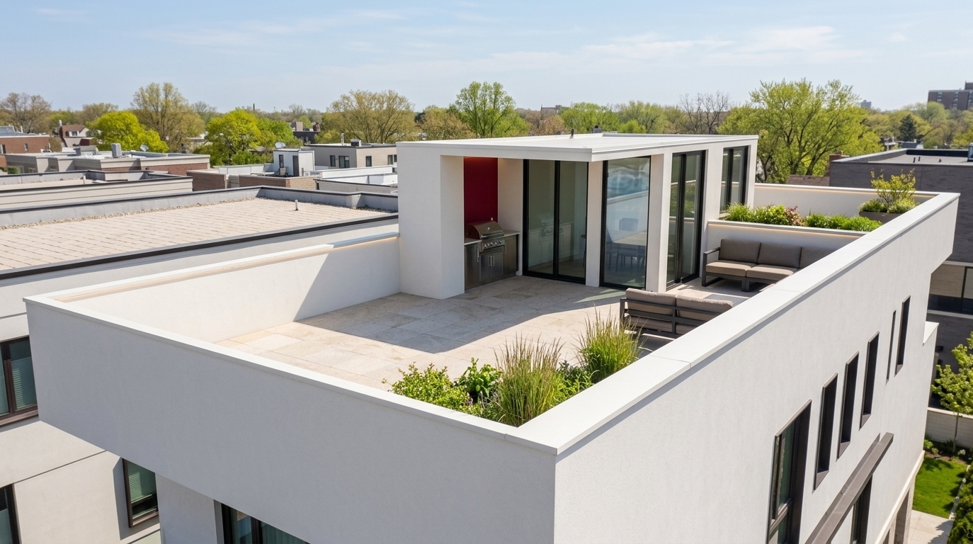 An incredibly lifelike, richly detailed, photorealistic elevated architectural shot of a luxurious modern rooftop terrace set in a tranquil spring urban haven. The scene is illuminated by bright, clear midday spring sunlight casting crisp geometric shadows, creating a sophisticated and relaxing atmosphere. Captured with a full-frame camera and a 35mm architectural tilt-shift lens, emphasizing the fine texture of smooth white parapet walls, honed light granite paving tiles, and clean minimalist lines. 

Nestled against the vibrant crimson accent wall is a sleek, custom-built outdoor summer kitchen featuring brushed stainless steel fixtures, a smooth dark countertop, and integrated under-cabinet ambient lighting. Spanning the expansive, light granite-tiled deck is a contemporary outdoor lounge set with deep, weather-resistant neutral-toned cushions and low-profile dark frames. Elegant architectural LED perimeter lighting is subtly tucked beneath the low parapets and overhangs, while lush potted greenery and ornamental grasses breathe life into this private open-air retreat. Floor-to-ceiling sliding glass doors with refined black frames catch natural reflections of the soft blue sky, completing this ultimate minimalist rooftop sanctuary.