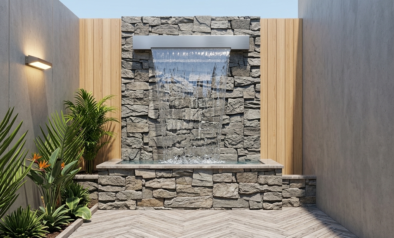 An incredibly lifelike, richly detailed, photorealistic landscape photo of a modern outdoor water feature and minimalist haven set in a contemporary spring outdoor patio. The scene is illuminated by bright, clear midday natural sunlight complemented by the soft, warm ambient glow radiating from the activated sleek sconce light on the left wall, creating a serene, tranquil atmosphere. Captured with a full-frame architectural camera and a crisp 35mm wide-angle lens, emphasizing the dynamic, crystal-clear sheet of water cascading down the rugged, textured grey stacked-stone wall, the rich organic warmth of the vertical light wood paneling, vibrant green foliage and tropical palms in the planter bed, and the refined herringbone-patterned deck flooring.