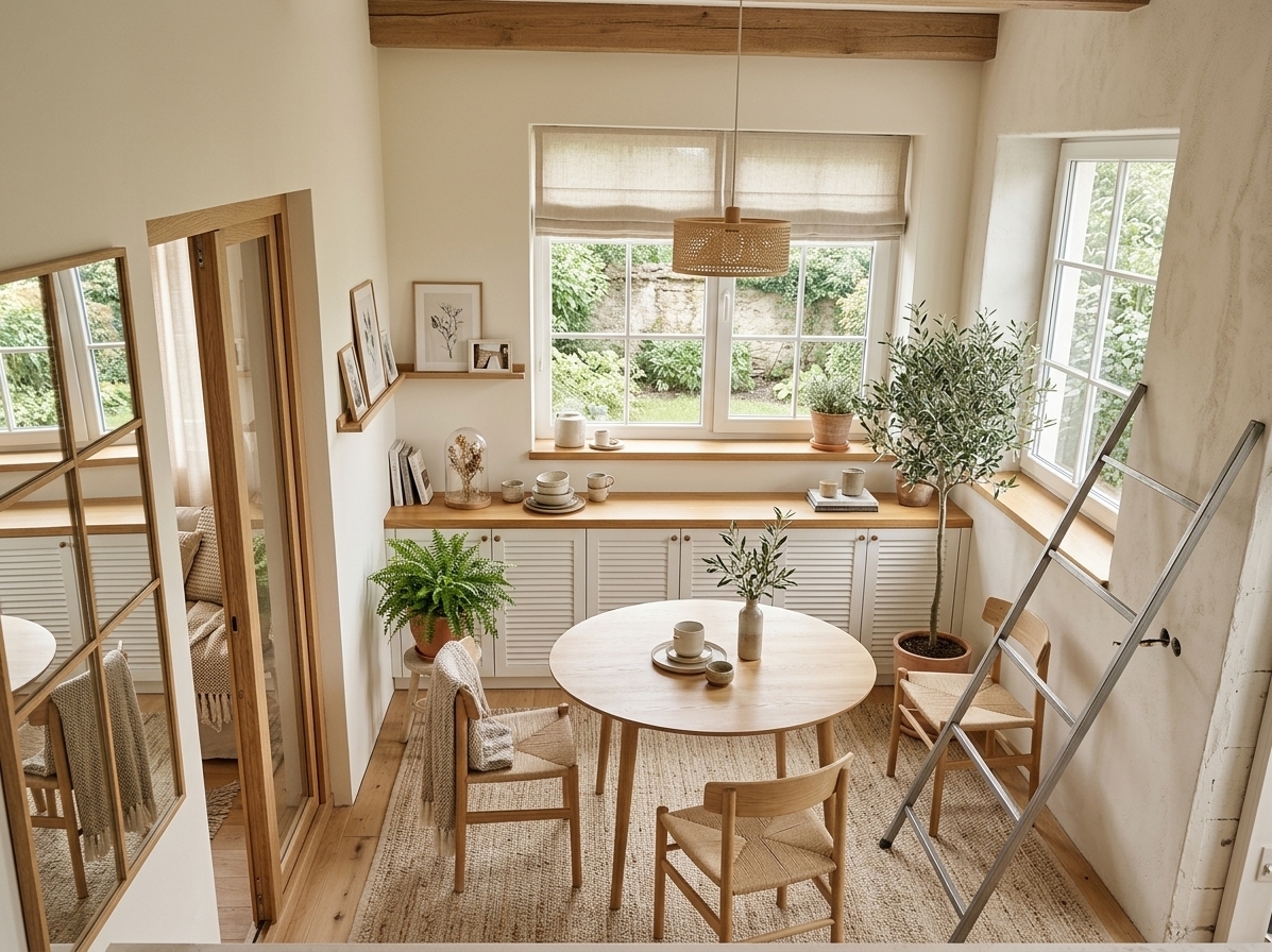 An incredibly lifelike, richly detailed, photorealistic wide-angle interior shot of a transformed enclosed terrace redesigned as a serene Scandinavian dining sanctuary. The scene is illuminated by soft, bright natural daylight cascading through pristine multi-pane windows, creating an airy, peaceful, and warm atmosphere. Captured with a 24mm architectural lens, emphasizing the rich tactile textures of natural oak grain, crisp white painted wood, and airy woven textiles. 

Spanning beneath the main back window is a custom full-length built-in credenza topped with a solid, warm honey-oak countertop that perfectly mirrors the exposed rustic timber beams along the ceiling, fitted below with charming white louvered shutter cabinet doors for concealed storage. Soft, light-beige linen Roman blinds frame the expansive windows, revealing tranquil garden greenery outside. In the heart of the room rests an inviting round oak dining table surrounded by sculptural Scandinavian chairs, illuminated from above by a matching minimalist woven rattan-and-wood pendant chandelier. The immaculate creamy-white walls feature cohesive framed minimalist botanical artwork and slender oak display ledges, while lush potted ferns and an olive tree bring vibrant, organic life to the sun-drenched retreat.
