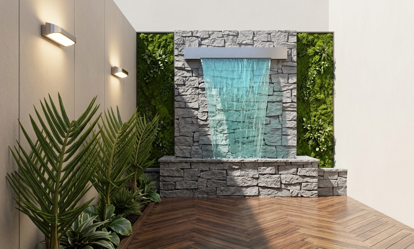 An incredibly lifelike, richly detailed, photorealistic landscape photo of a modern outdoor patio set in a tranquil, minimalist haven. The scene is illuminated by bright, clear spring midday sunlight harmoniously blended with the warm, radiant glow casting downward from the illuminated sleek wall sconces on the left, creating a serene, refreshing, and upscale atmosphere. Captured with a professional wide-angle architectural lens on a full-frame camera, emphasizing the rough, tactile texture of the grey stacked stone feature wall, the shimmering clarity of the cascading aqua water sheet flowing into the basin, the rich natural grain of the dark herringbone wood decking, and the vibrant, lush textures of the living green moss panels and tropical potted foliage.
