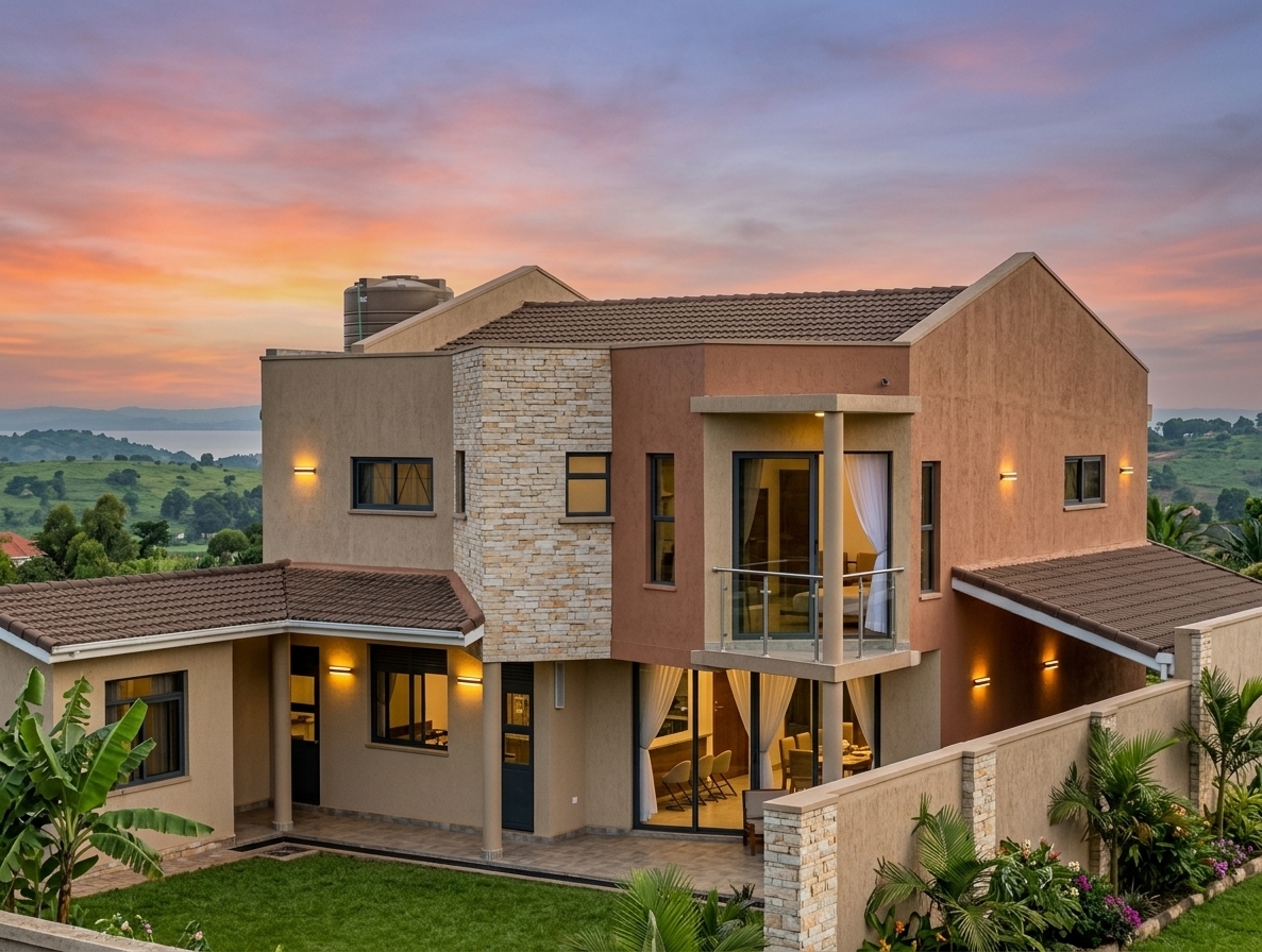An incredibly lifelike, richly detailed, photorealistic elevated rear three-quarter architectural visualization of a contemporary tropical residence and its private landscaped backyard set against the scenic, rolling green landscape of Kawuku overlooking Lake Victoria. The scene is illuminated by the radiant, warm glow of a dramatic evening sunset blending orange, pink, and violet hues, harmoniously balanced by warm 3000K interior lighting radiating through large sliding glass doors and sleek exterior linear wall sconces, creating a serene, sophisticated, and welcoming atmosphere. Captured with a 35mm architectural lens, emphasizing the tactile textures of light-toned stacked Ugandan stone accents, smooth earthy beige and terracotta render, structured brown clay roof tiles, and dark charcoal aluminum framing. Through expansive ground-floor glazing, an elegant open-concept dining room with high-end contemporary furnishings and sheer white drapery is seamlessly framed, opening onto a sheltered patio walkway supported by clean cylindrical pillars. Above, an upper-level cantilevered balcony secured with polished stainless steel and clear glass railings provides panoramic vantage points, while the foreground showcases a lush, manicured lawn bordered by tropical banana plants, local palms, and a finished perimeter wall reflecting the villa's refined modern fusion aesthetic.