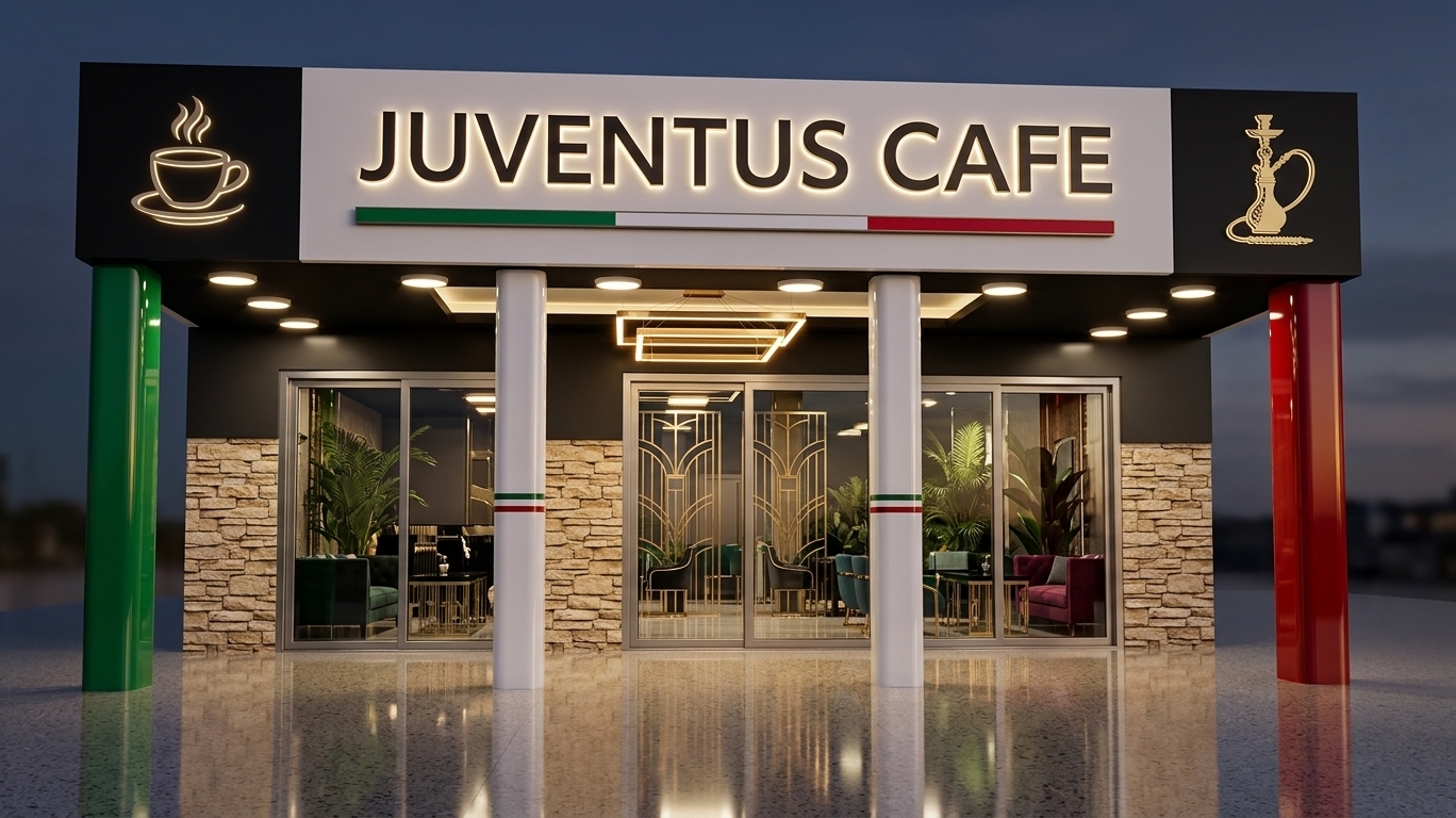 An incredibly lifelike, richly detailed, photorealistic eye-level architectural shot of the luxurious "Juventus Cafe" storefront set in a chic, upscale metropolitan promenade. The scene is illuminated by warm, recessed downlights glowing from the sleek black canopy and soft twilight ambient sky, creating a moody, glamorous, and inviting Art Deco atmosphere. Captured with a professional 35mm tilt-shift architectural camera, emphasizing polished surfaces, tactile stacked-stone finishes, and sharp gilded accents.

The facade showcases a bold, streamlined modern design infused with Art Deco glamour. Crowned by a prominent rectangular header clad in matte black and crisp pearl-white panels, the front signage boldly displays the illuminated dimensional typography reading "JUVENTUS CAFE." Flanking the central lettering are stylized illuminated icons—a steaming cup of espresso on the left and an ornate golden hookah pipe on the right. Underneath the title, a sleek horizontal accent band in vibrant emerald green, pure white, and deep ruby red evokes classic Italian heritage with modern neon brilliance.

The entrance is supported by prominent geometric structural columns finished in high-gloss lacquer, echoing the tricolor jewel tones—emerald green on the far left, dual central pillars in polished white with subtle colored banding, and a striking ruby red column on the far right. Recessed under the deep black ceiling soffit, an array of circular flush-mount downlights casts bright, warm cones of light downward, casting crisp reflections on the polished ground below.

The lower half of the main exterior wall is clad in meticulously detailed, rustic stacked limestone in warm sandy hues, creating a rich tactile contrast against the smooth, dark charcoal panels above. Two large, floor-to-ceiling glass sliding doors with refined brushed metallic framing dominate the entryway. Through the pristine, reflective glass, glimpses of an extravagant interior are visible: polished brass Art Deco geometric screens, mirrored and black-lacquered tables, jewel-toned velvet lounge seating, graphic wall art, and lush indoor tropical foliage adding vibrant organic warmth. The composition is balanced and symmetrical, exuding high-end commercial elegance and cosmopolitan sophistication.