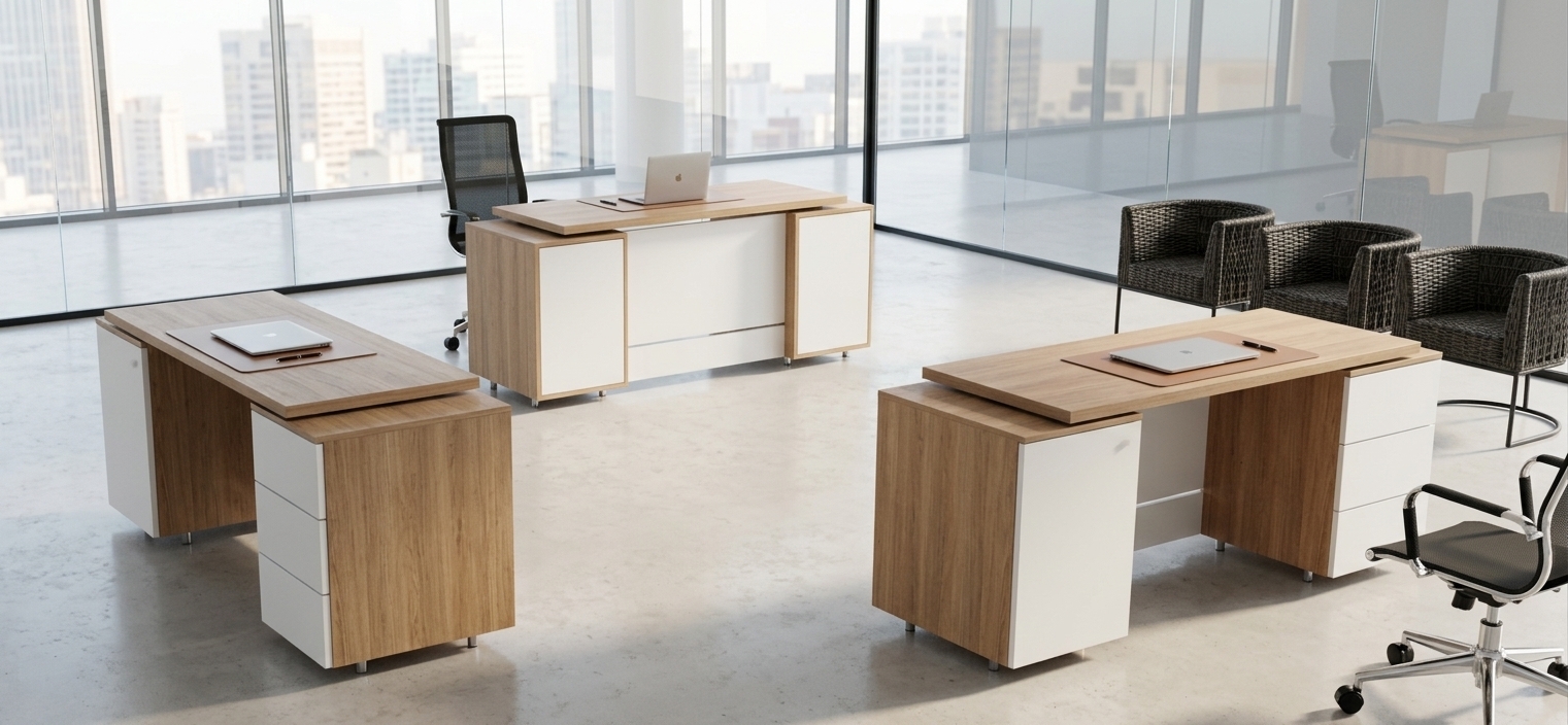 An incredibly lifelike, richly detailed, photorealistic wide-angle interior photograph of a modern executive office workspace set in a bright, high-end corporate suite. The scene is illuminated by soft, diffused natural daylight casting gentle ambient shadows, creating an airy, sophisticated, and productive atmosphere. Captured with a professional 35mm architectural lens, emphasizing the authentic grain of the Faromid H3350 FD matte natural wood laminate desks contrasting elegantly with the crisp, clean matte white surfaces of the drawer faces and cabinet doors. Each desk is tastefully styled with an ultra-slim aluminum laptop, a refined leather desk mat, and minimal modern office accessories. Ergonomic black mesh swivel chairs with polished chrome star-base casters sit neatly behind the desks, while a coordinated row of dark, textured woven accent chairs with slim black metal legs lines the right side, completing a polished, hyper-realistic modern office environment.