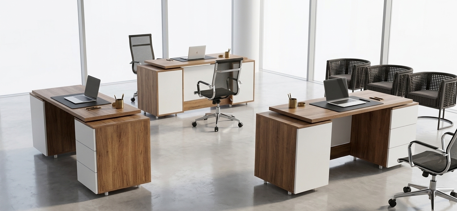 An incredibly lifelike, richly detailed, photorealistic wide-angle architectural shot of an executive workspace set in a bright, modern corporate office. The scene is illuminated by soft, diffused daylight pouring in from adjacent unseen floor-to-ceiling windows, creating a luminous, serene, and sophisticated professional atmosphere. Captured with a full-frame camera and a 24mm tilt-shift lens, emphasizing the rich, natural wood grain of the Faromid H3350 FD matte MDF surfaces beautifully contrasted against the clean, seamless matte-white finish of the integrated cabinet doors and drawer fronts. 

The spacious layout features three precisely arranged modular executive desks equipped with sleek, open laptops, minimalist leather desk pads, and understated stationery. Ergonomic black mesh swivel chairs with polished aluminum casters sit positioned at the workstations, while a neat row of contemporary dark-woven visitor armchairs with comfortable seat cushions lines the background, perfectly grounded on smooth, reflective light-gray micro-cement flooring.