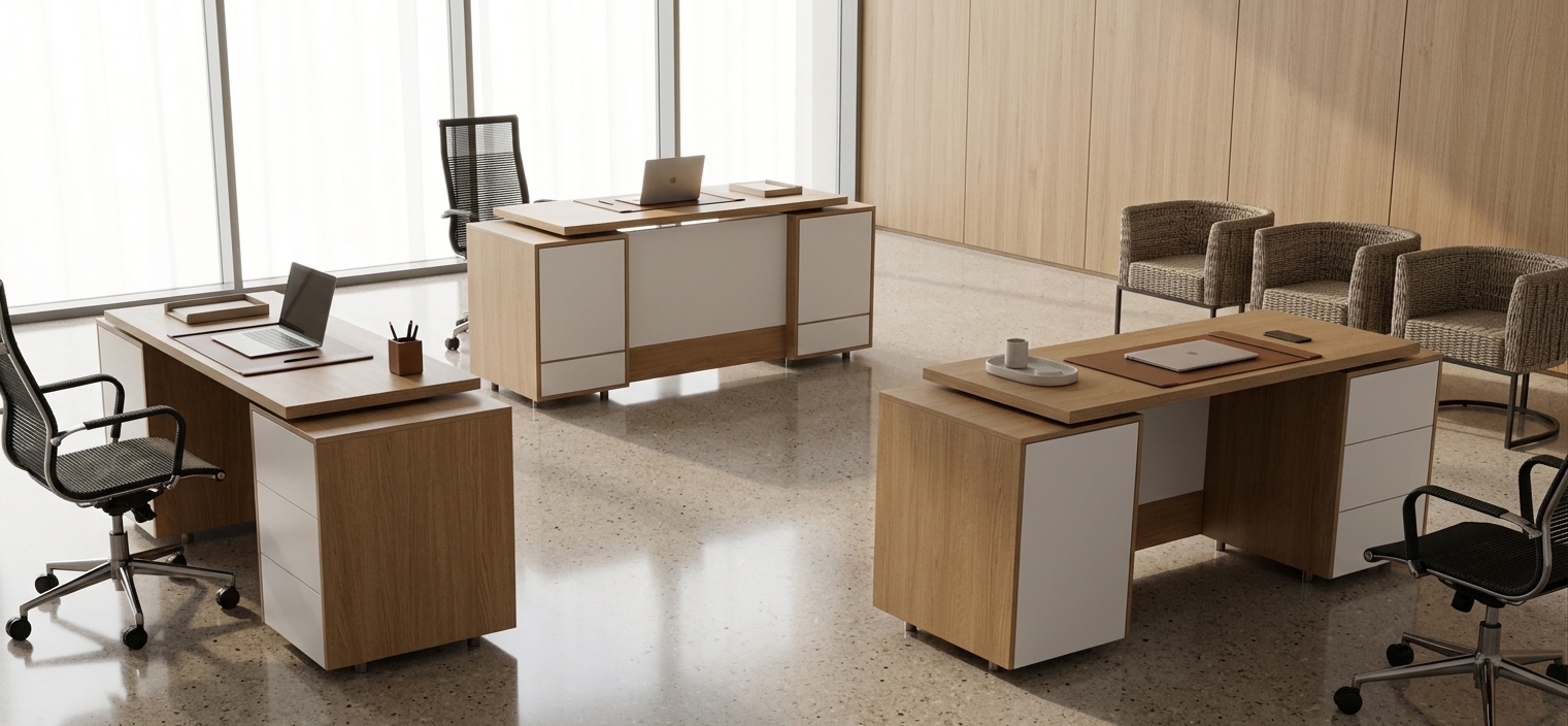 An incredibly lifelike, richly detailed, photorealistic wide-angle interior photograph of a modern fusion executive office suite set in a bright, contemporary corporate environment. The scene is illuminated by soft, diffused natural daylight streaming from large floor-to-ceiling windows, creating a serene, airy, and professional atmosphere. Captured with a high-end full-frame camera and a 35mm architectural lens, emphasizing the fine, warm wood grain of the Faromid H3350 FD matte finish, smooth matte-white drawer faces, and intricate textures of the woven seating. 

The spacious layout features three precisely arranged executive desks crafted with thick matte oak-toned MDF frames, beautifully complemented by clean, seamless matte-white cabinet doors and drawer fronts. Each pristine desktop is styled with a sleek, ultra-thin laptop, a leather desk blotter, and minimalist office accessories. Black woven-mesh ergonomic swivel chairs sit in ready positions behind the desks, while a tidy row of three textured woven armchairs with slender dark metal bases rests along the right wall. The background showcases continuous matching oak wall paneling over polished neutral flooring, giving the entire workspace a cohesive, high-end architectural finish.