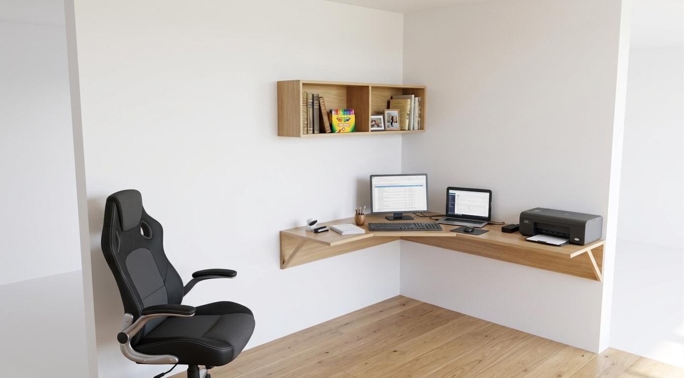 An incredibly lifelike, richly detailed, photorealistic medium-wide interior shot of a sleek corner home office workstation set in a bright contemporary study room. The scene is illuminated by crisp, natural midday spring sunlight diffusing smoothly across the room, creating a fresh, warm, and elegantly productive atmosphere. Captured with a 35mm full-frame lens at f/4, emphasizing the tactile wood textures, matte surface finishes, and refined modern aesthetics. 

The custom L-shaped corner desk floats seamlessly off the pristine white walls, rendered in a sophisticated light oak melamine finish that displays subtle, realistic wood grain and satin reflections. Neatly arranged upon the surface is an active telecommuting setup featuring a dual-screen monitor and laptop station, a keyboard, a desktop printer, and small desk accessories. Positioned comfortably in front of the setup is an ergonomic, modern gaming chair with sleek accents. Mounted symmetrically above the monitor on the matte wall is a matching light-wood two-compartment floating shelving unit (measuring 1m x 1m with a 15cm depth), tastefully styled with an assortment of neatly arranged books, a vibrant box of crayons, and small framed photographs that add a charming, personalized touch to the contemporary workspace.