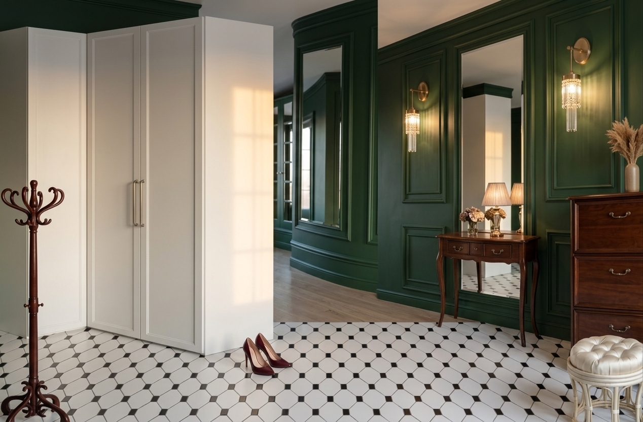 An incredibly lifelike, richly detailed, photorealistic wide-angle interior shot of an elegant mudroom and entryway set in a contemporary luxury home. The scene is illuminated by soft, golden winter sunrise light filtering softly from the side, harmonized with the warm ambient glow emitted by the twin crystal-and-brass wall sconces, creating an inviting, serene, and sophisticated atmosphere. Captured with a 24mm architectural tilt-shift lens, emphasizing the tactile richness of deep forest-green boiserie wall paneling, smooth matte-white custom cabinetry, and intricate geometric floor tiles. The furniture is impeccably arranged, featuring seamlessly integrated tall wardrobes, a refined antique-style console table positioned before a floor-to-ceiling mirror, a classic dark-wood coat stand, and a tailored white chest of drawers. Completing the stylish composition, a pair of polished burgundy high-heeled women’s shoes rests gracefully on the tiled floor beside a plush, tufted vanity stool.