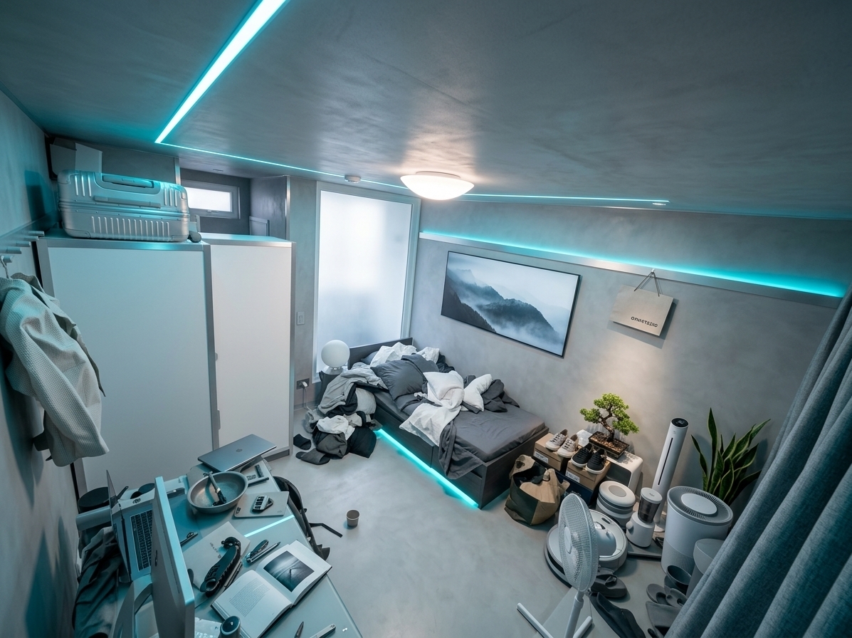An incredibly lifelike, richly detailed, photorealistic wide-angle interior shot of a transformed digital zen bedroom set in a sleek, compact urban loft. The scene is illuminated by recessed, linear neon cyan accent lighting and soft, diffused daylight glowing from a frosted window panel, creating a tranquil, high-tech, and futuristic atmosphere. Captured with a full-frame mirrorless camera and an ultra-wide 16mm prime lens, emphasizing the smooth matte microcement finishes, brushed aluminum edges, and ultra-clean surfaces. 

In this streamlined reimagining, all clutter is replaced by intentional minimalism and innovative smart design. A low-profile floating platform bed with integrated under-glow lighting is dressed in crisp white and cool-gray charcoal linens. The back wall features a large, ultra-thin digital landscape canvas displaying misty mountain vistas that shift subtly with the time of day. Along the adjacent wall, a sleek tempered glass and aluminum floating desk hosts an ultra-minimalist workstation and a curated, open hardbound photography book. Zen-inspired elements, including a pristine bonsai tree under a dedicated micro-spotlight and air-purifying indoor plants, harmonize with cyberpunk aesthetics, while concealed, seamless smart-storage units ensure an immaculate, clutter-free sanctuary balanced in human scale and serene modern living.